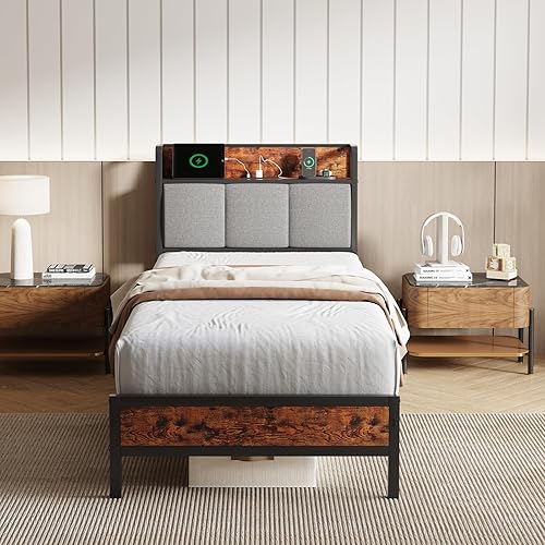 Miniatura 10 de Novilla Base de cama Queen con estación de carga USB/tipo C y cabecera de almacenamiento, marco de cama de plataforma de metal moderno, fácil