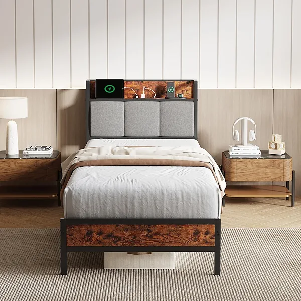Novilla Bed Frame Twins with Charging Station USB/Type-C & Storage Headboard, Modern Metal Platform Bed Frame, Easy Assembly, Heavy Duty Slats Support, Noise Free, No Box Spring Needed