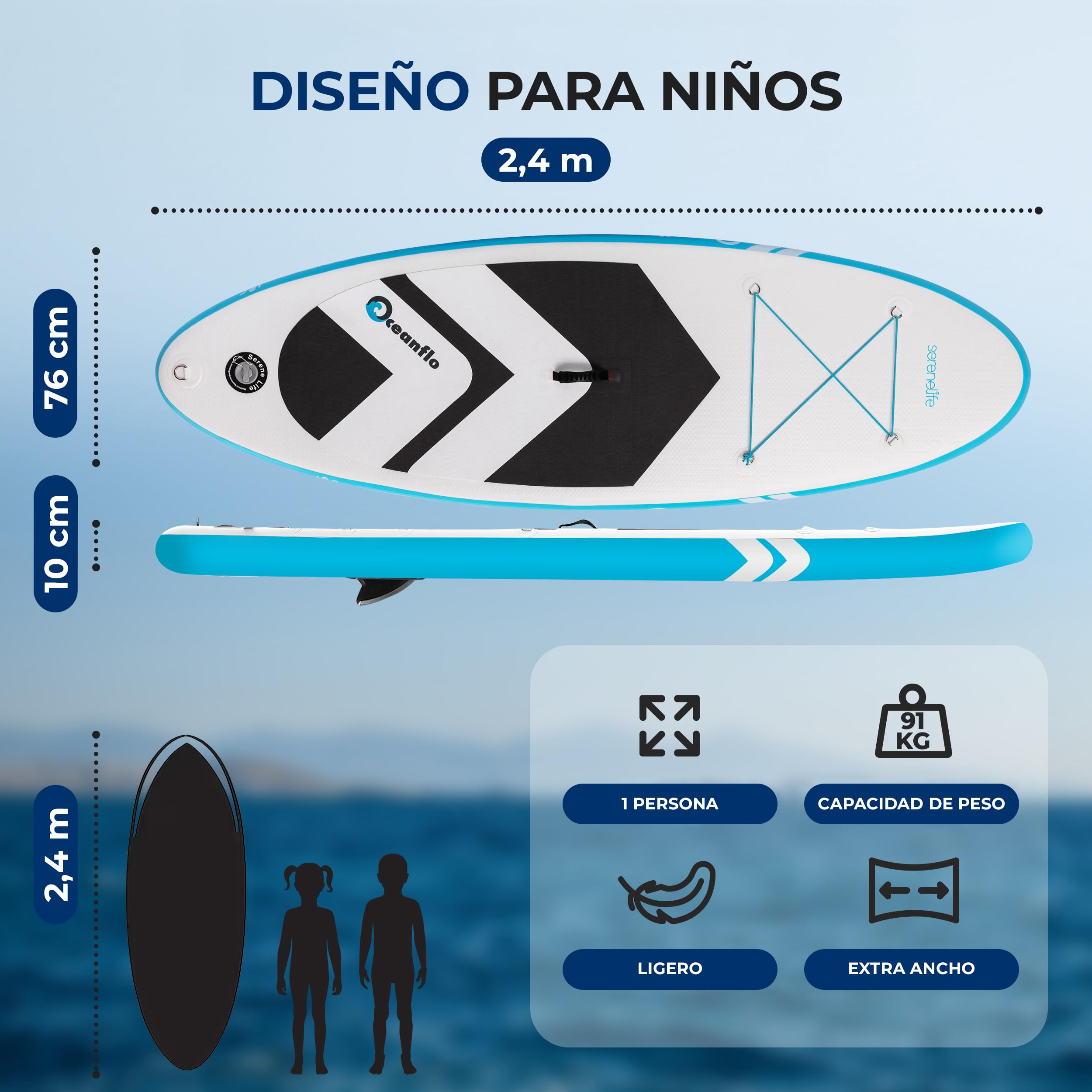 SereneLife Tabla Paddle Surf Inflable para Niños 2.36m, Sup con Bomba, Remo Ajustable, Mochila, Diseño Estable de 76cm y Almohadilla EVA Antideslizante, Apto para 5+ años, Capacidad 90.72kg