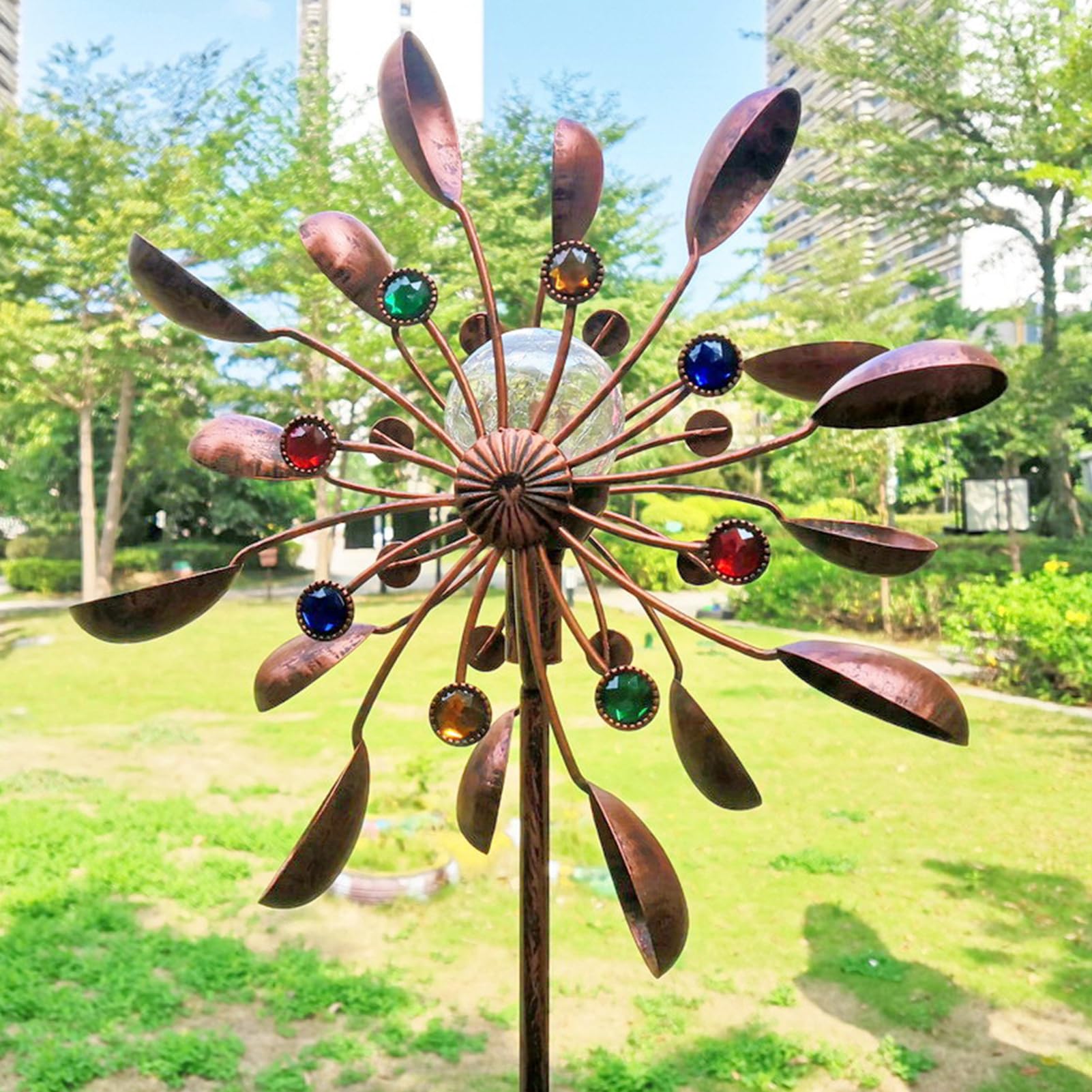 Kinetyczna turbina wiatrowa 188 cm, metalowe wiatraki z oświetleniem LED, szklana kula zasilana energią słoneczną, podwójne kierownice, rzeźby wiatrowe do dekoracji trawnika i ogrodu