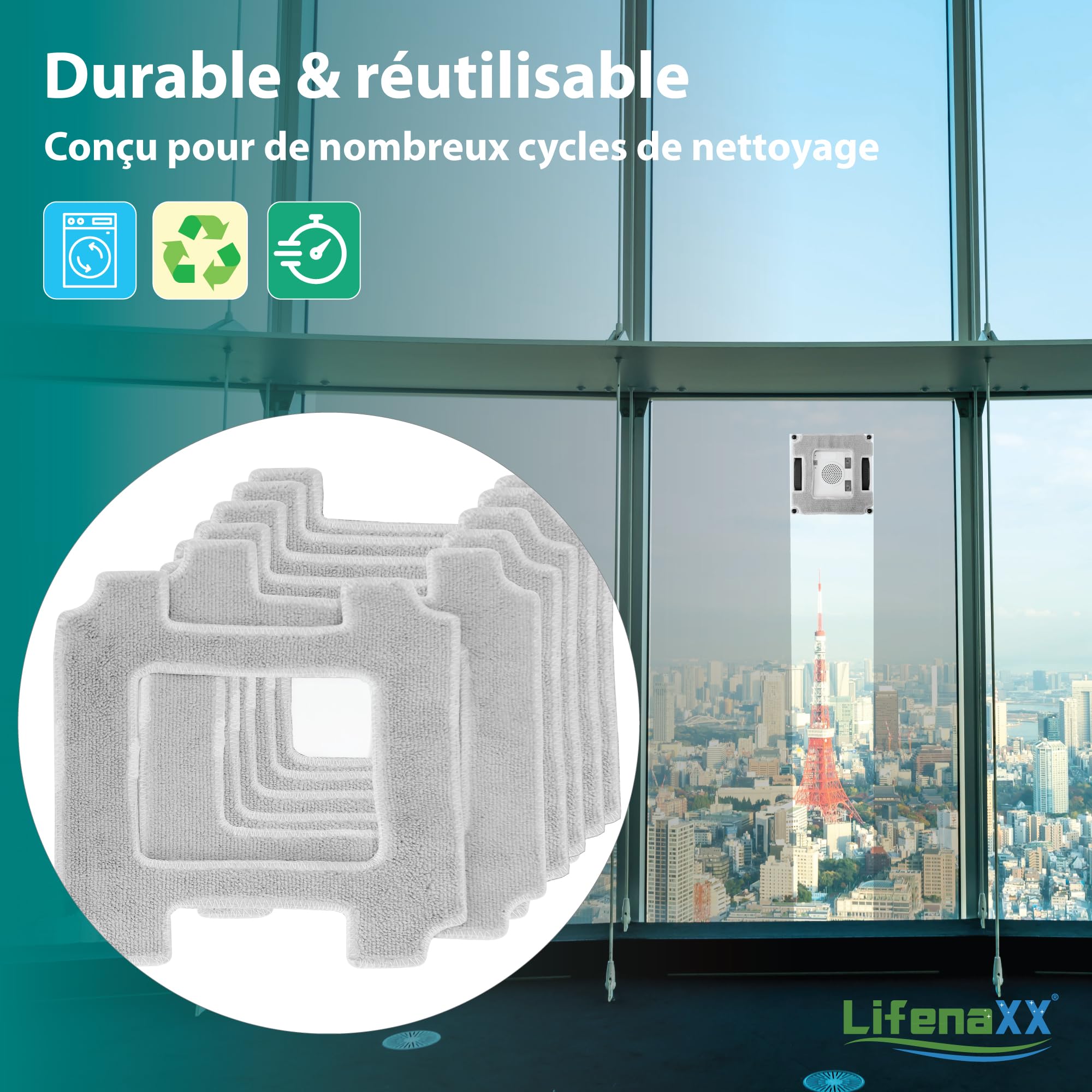 Lifenaxx Lingettes de Rechange (6 pièces) pour Robot Laveur de vitres LX-047 – Lingettes de Nettoyage en Microfibre Originales à Forte Absorption des saletés, durables et Parfaitement ajustées