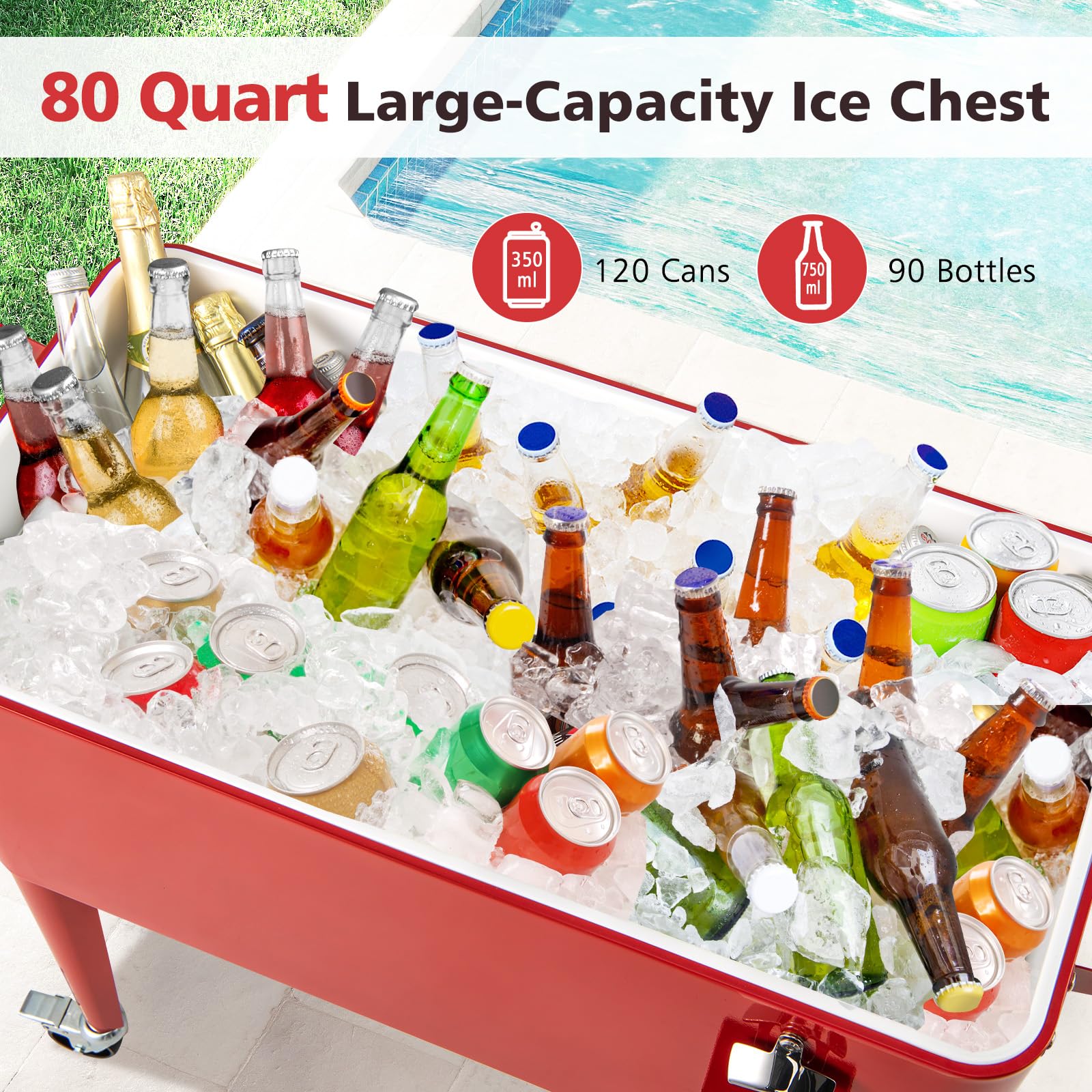 GYMAX Contenitore per ghiaccio da 80 litri, portatile, con ruote di bloccaggio, ripiano inferiore, apribottiglie, acchiappa tappi, per feste all'aperto, piscina, bevande