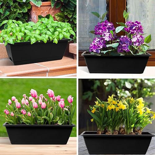 Miniatura 5 de Macetero rectangular con agujeros de drenaje y bandejas, 8 unidades, macetas de plástico para ventana de 17 pulgadas, macetas de plástico para