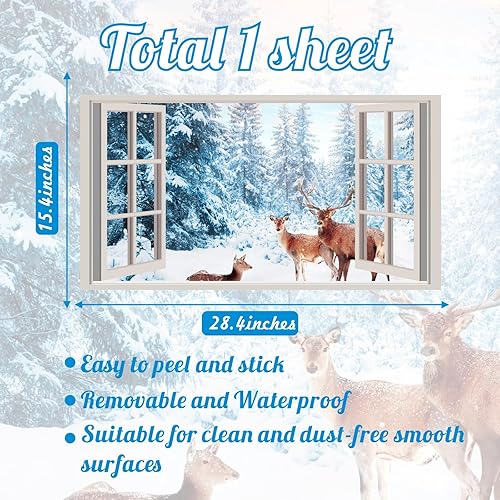 Miniatura 6 de Winter Wall Stickers 3D Fake Windows Wall Stickers Forest Wall Decals Christmas Wall Decals Peel and Stick Snow Landscape Deer Stickers Pine Tree