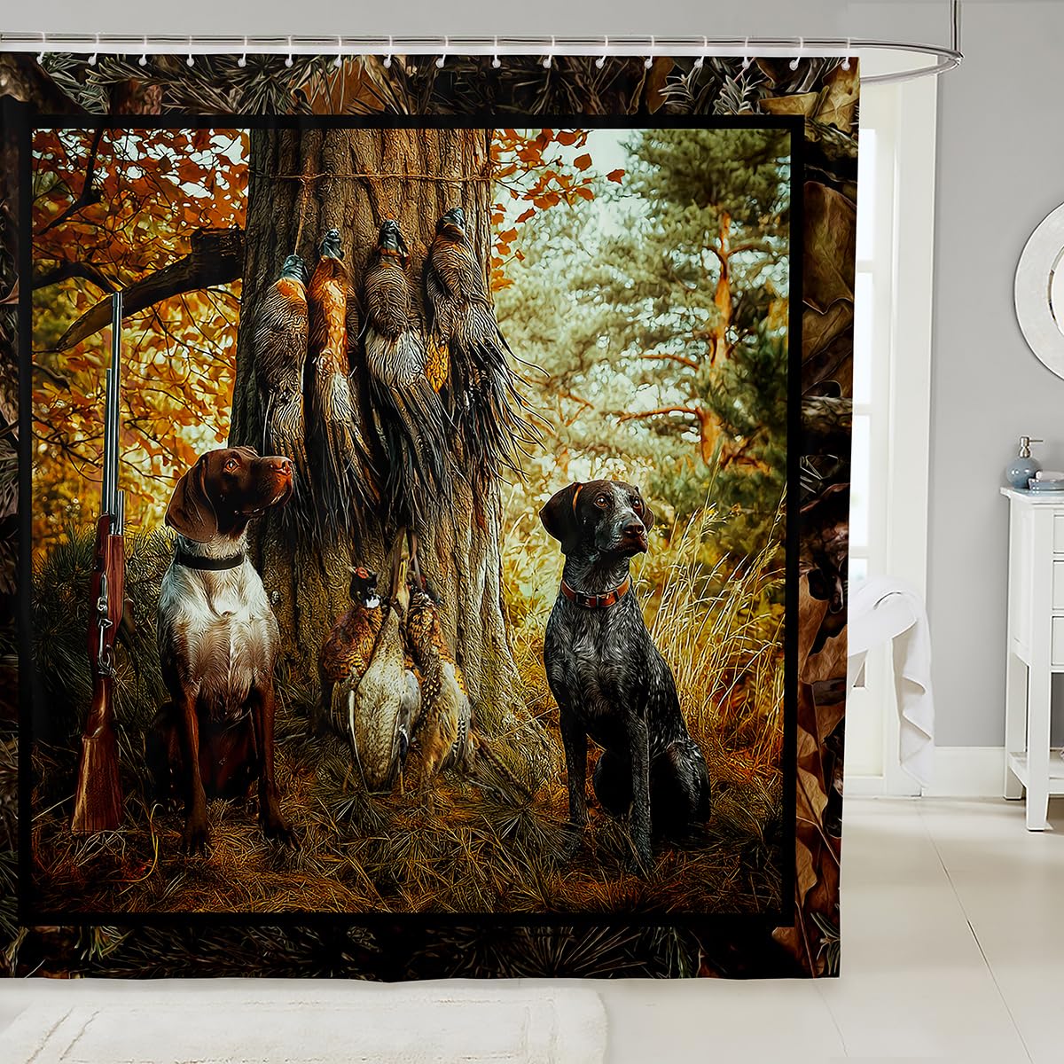 Pheasant Hunting Shower Curtain 72"Wx72"L Black Dog Bathroom Shower Curtain Sets Boho Farmhouse Wild Animals Fabric Shower Curtain Woodland Leaves
