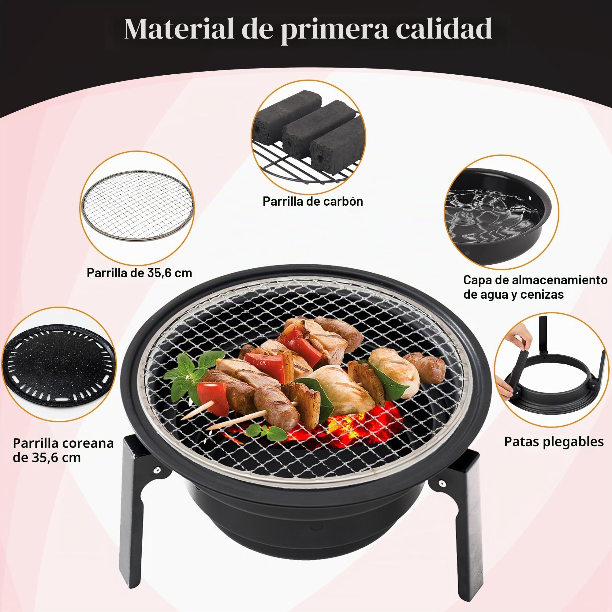 Barbacoa plegable de acero inoxidable con accesorios para barbacoa y bolsa de transporte, parrilla de carbón vegetal portátil para camping, jardín, fiesta de barbacoa, barbacoa de carbón vegetal