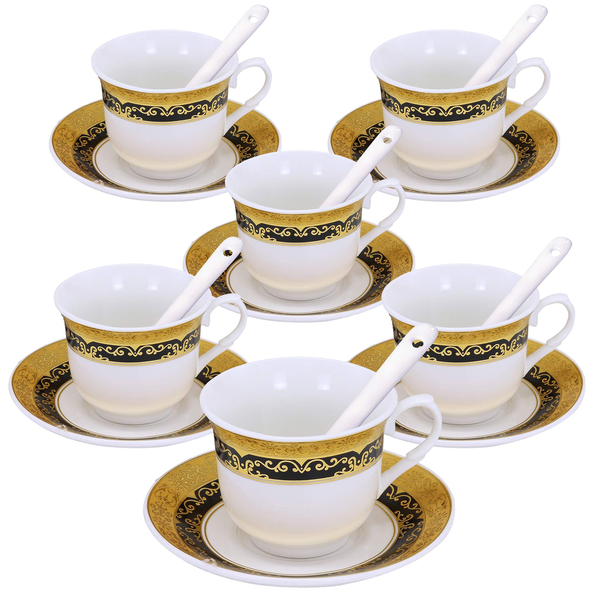 ufengke 7oz Coffee Cup Set,Black and Gold Flower Pattern Porcelain Coffee Sets,Set of 6 Ceramic Floral Tea Cup and Saucer Set,Black