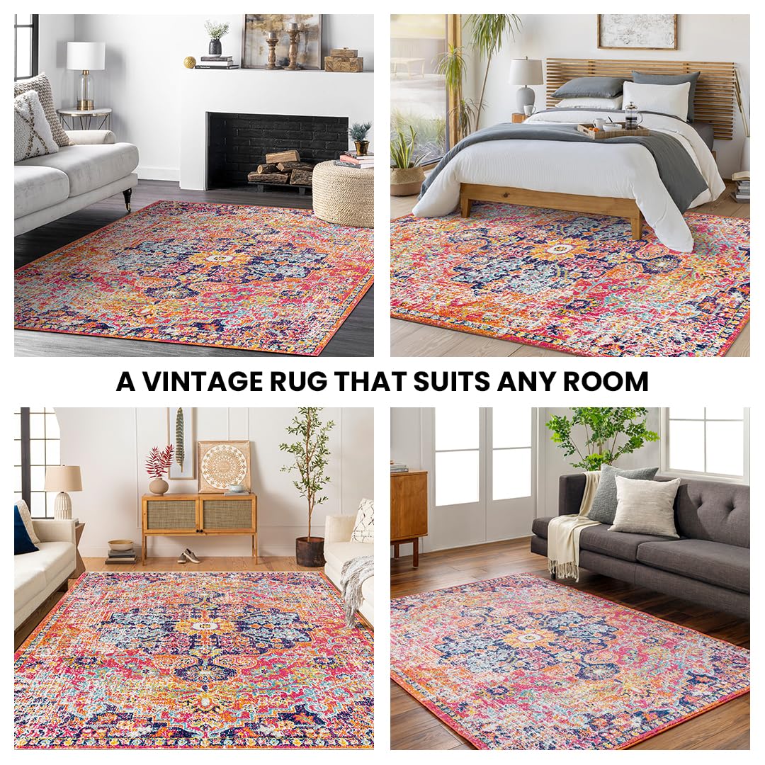 Livabliss Asmara Tapis Vintage pour Salon, Salle à Manger, Cuisine - Style bohème Traditionnel - Facile d'entretien - 160 x 220 cm - Orange Bleu Marine Bleu Sarcelle Bordeaux