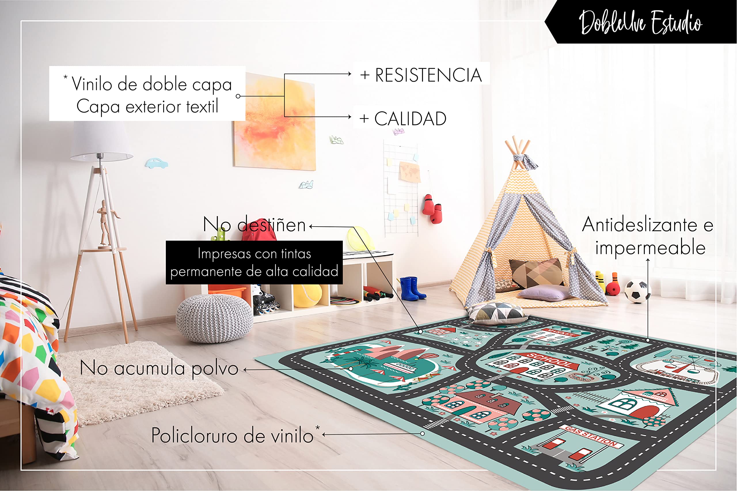 DobleUve Estudio Alfombra Vinílica Infantil 03 | Color Azul | 200x300 cm | Lavable | Carretera Infantil Grande | Habitación