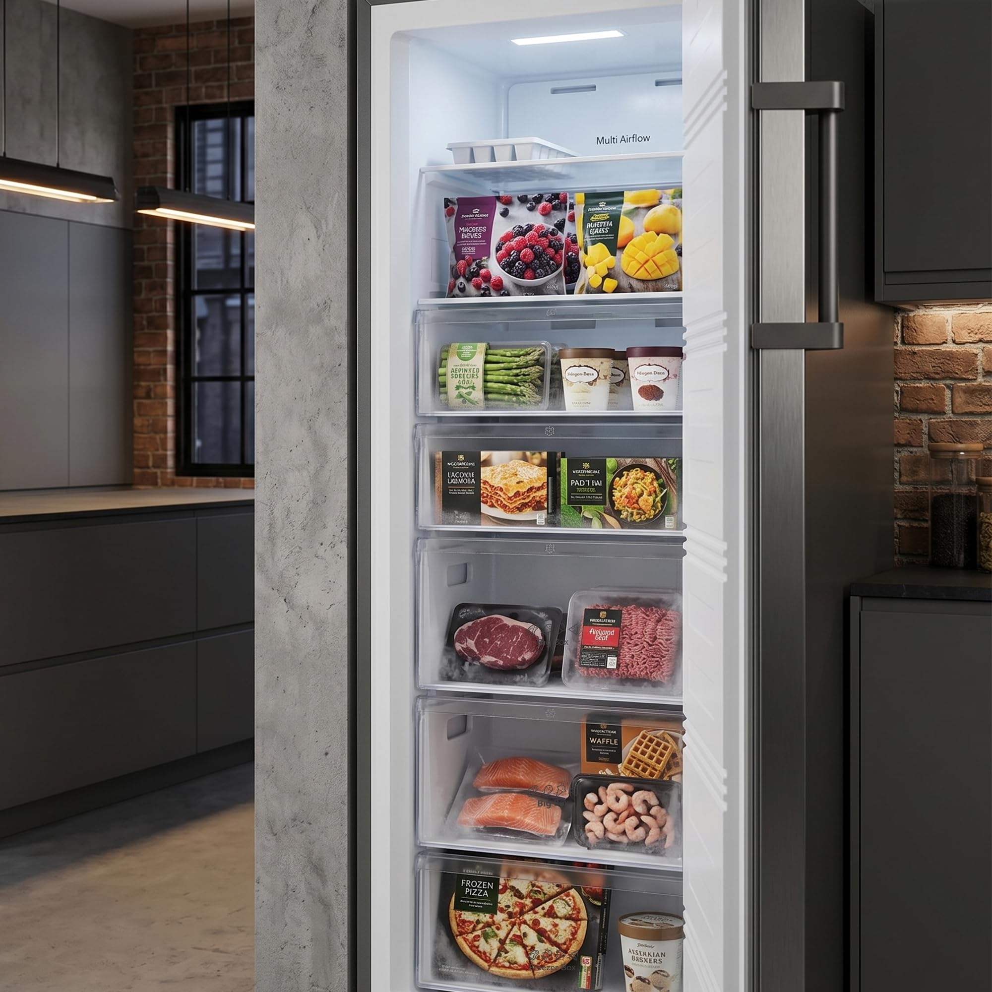 Gefrierschrank HFF-HS240NFXE++, 240 L, Energieklasse E, Full No Frost, Inverter-Kompressor, Multi Air Flow, digitales Display, Super Freezing, 7 Gefrierfächer, LED-Licht, Inox-Look