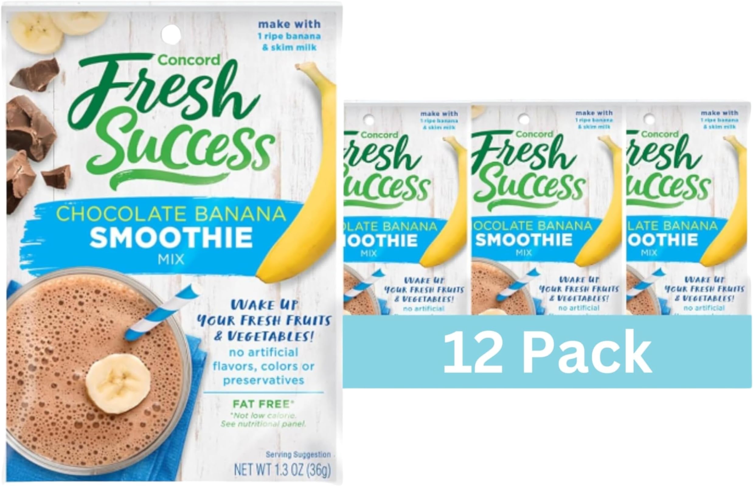Chocolate Banana Smoothie Mix - Fruit Flavor with No Artificial Flavors, Colors, or Preservatives - Ideal for Fresh Fruit Smoothies - 1.3 Ounce Pouch for Healthy Smoothies (Pack of 12)