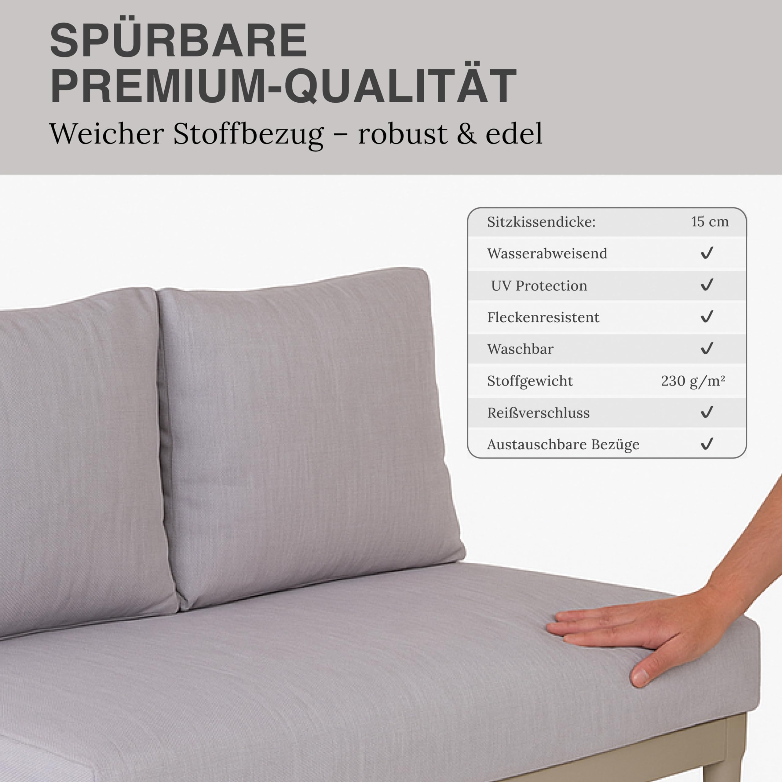 Modulares Doppelsitz Element Sandbeige, 118x83x65 cm: Premium Zweisitzer Outdoor Sitzlounge, Alurahmen rostfrei, 15 cm Polster, wetterfest, UV-beständig, waschbar, Garten/Balkon/Terrasse, Luna Lounge