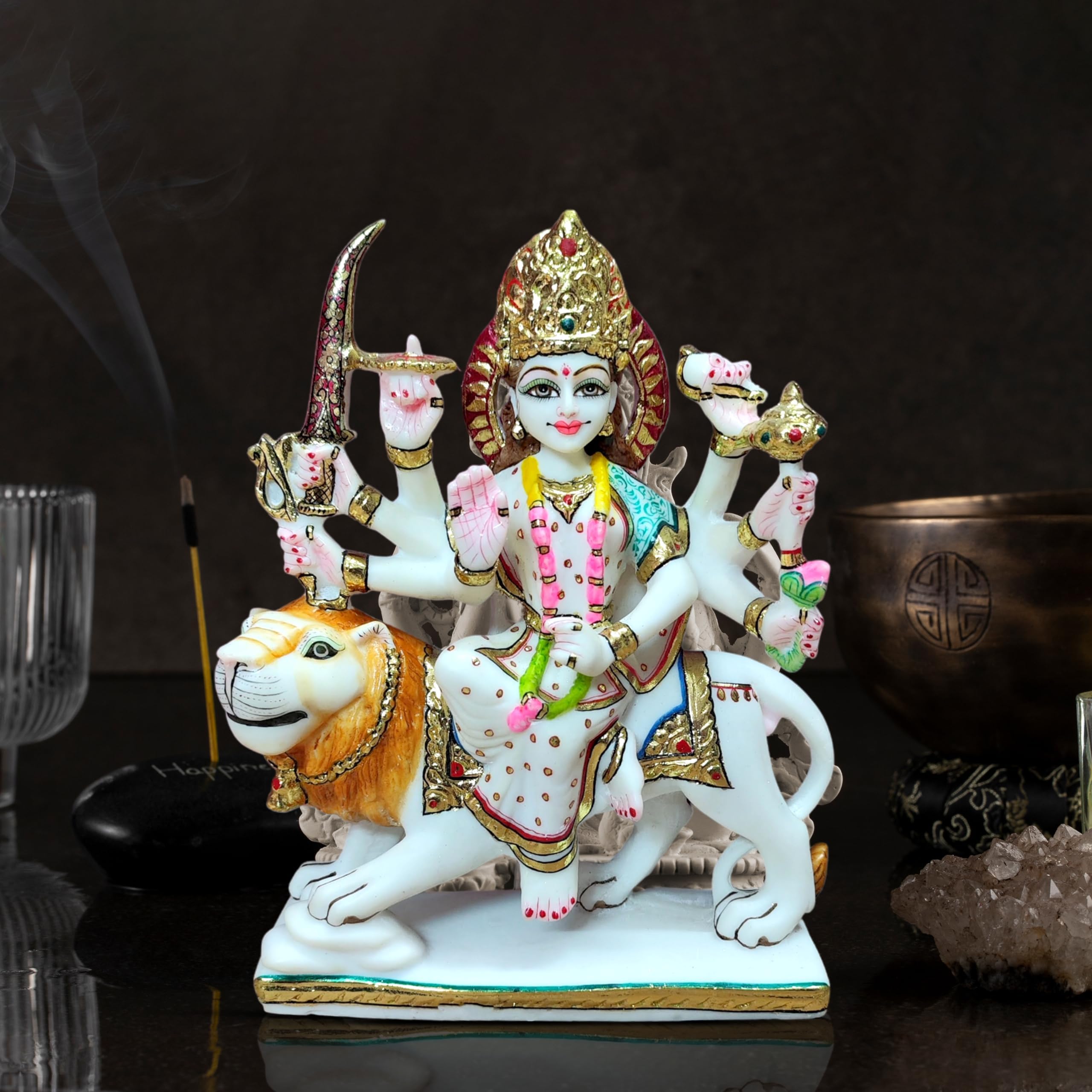 SHRESHTHA IDOLS White Marble Durga Goddess Statue | MATA Rani Murti for Puja House Temple | Sherawali Maa Divine Sculpture Sitting on Lion (10" x 8" x 3")