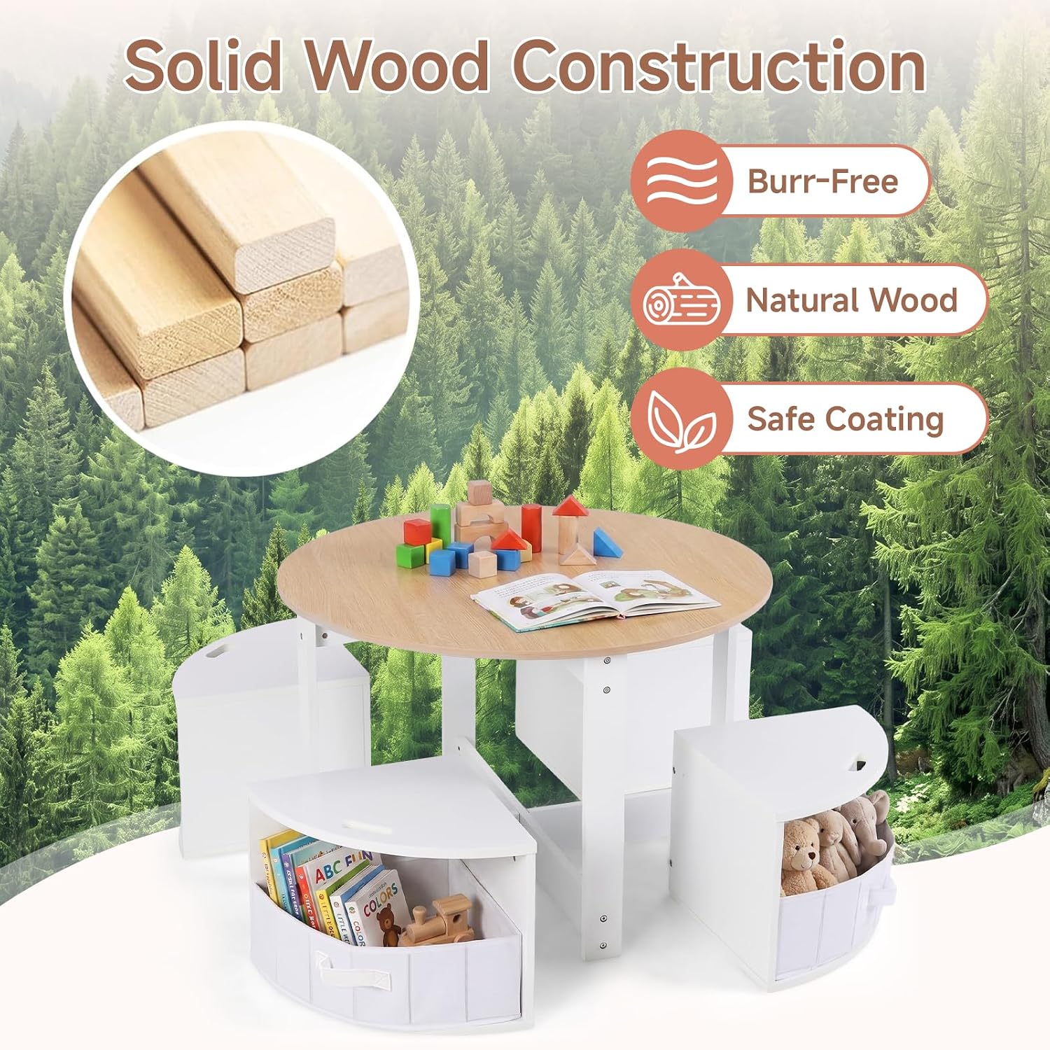 INFANS Kids Table and Chair Set,Wooden Round Desk with 4 Storage Drawers