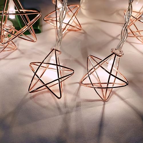 Miniatura 3 de Guirnalda de luces de estrellas de oro rosa a pilas para bodas, fiestas, árbol de Navidad, Año Nuevo, decoración de jardín (4.9 ft10 LED, estrella