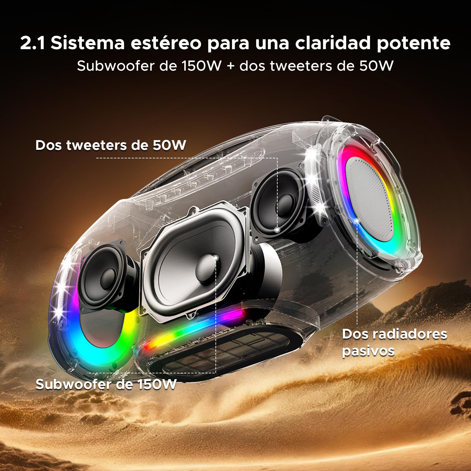 Wild Boom Pro Altavoz Portatil, Speaker Potente 250W Pico Sonido 2.1, Batería 12000mAh Luces RGB Sincronizadas y Focos de Escenario, Altavoces Portátiles TWS para Fiestas y Actividades