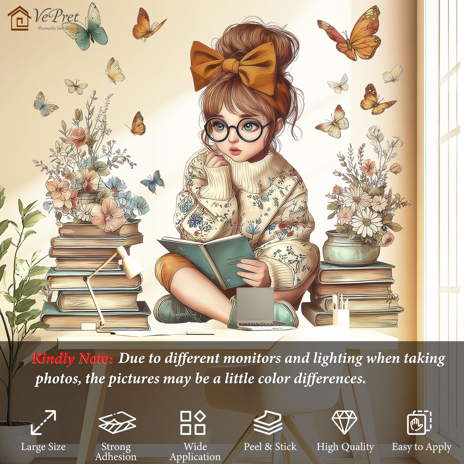 VePret Large Flowers Girl Wall Decals Peel and Stick, Floral Books Butterflies Wall Stickers - Image 2