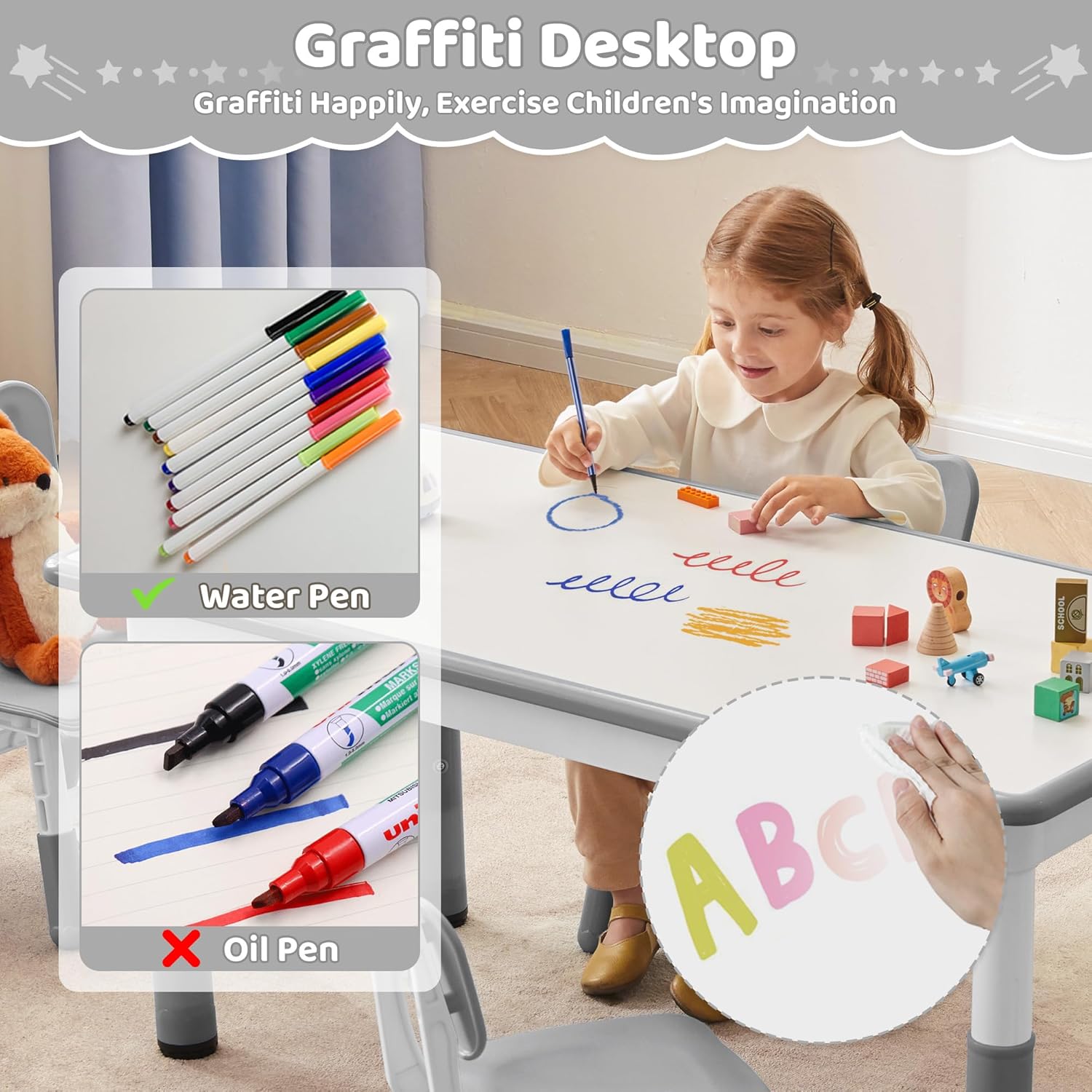 DOREROOM Toddler Table, 7 Level Height Adjustable Kids Play Furniture for Ages 3-8, Rectangular Plastic, 23.6" W x47.2 L, Multi-Activity Desk with Graffiti Desktop for Home & Daycare