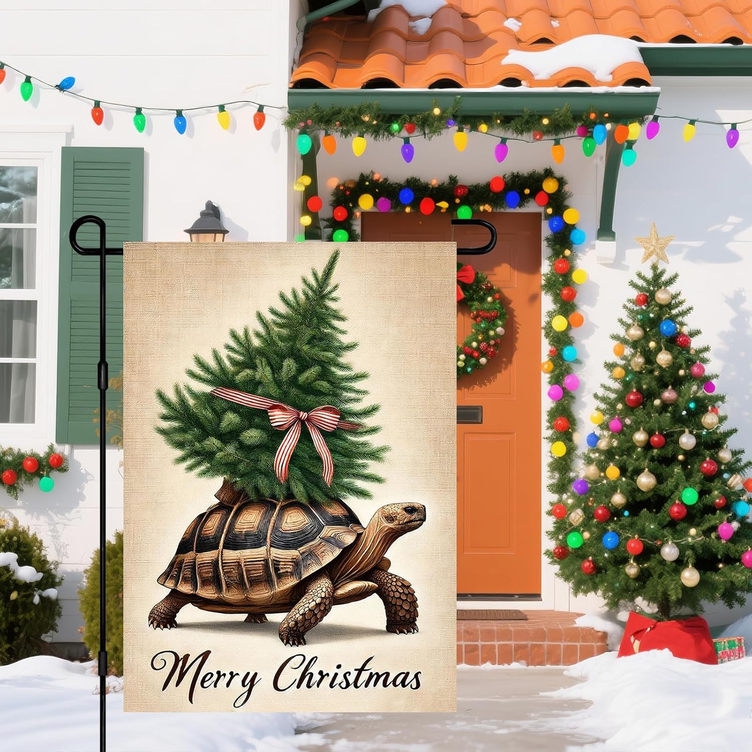 IVN Christmas Garden Flag Tortoise Flag 12x18 Inch Double Sided Mini Tree Red Ribbon Rustic Background Merry Christmas Text Decorative Yard Outdoor Seasonal Rustic Decor - Image 5