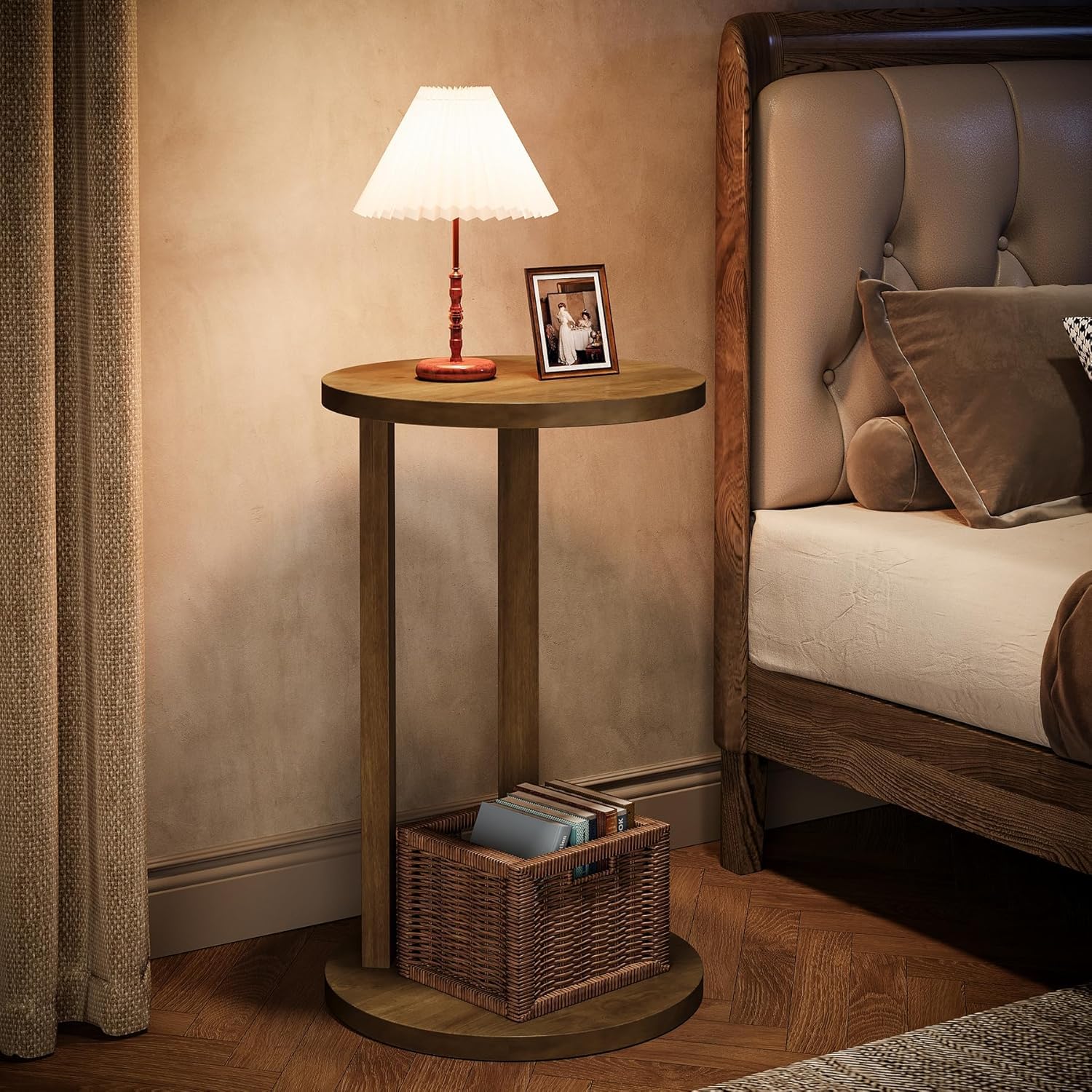 Runam Woods Stylish Light-Weight Solid Wood Round Bedside, Sofa Side Table for Living Room, Over Bed Small Tea/Coffee Table Sofa End Table (40 x 40 x 60-cm)-image-5