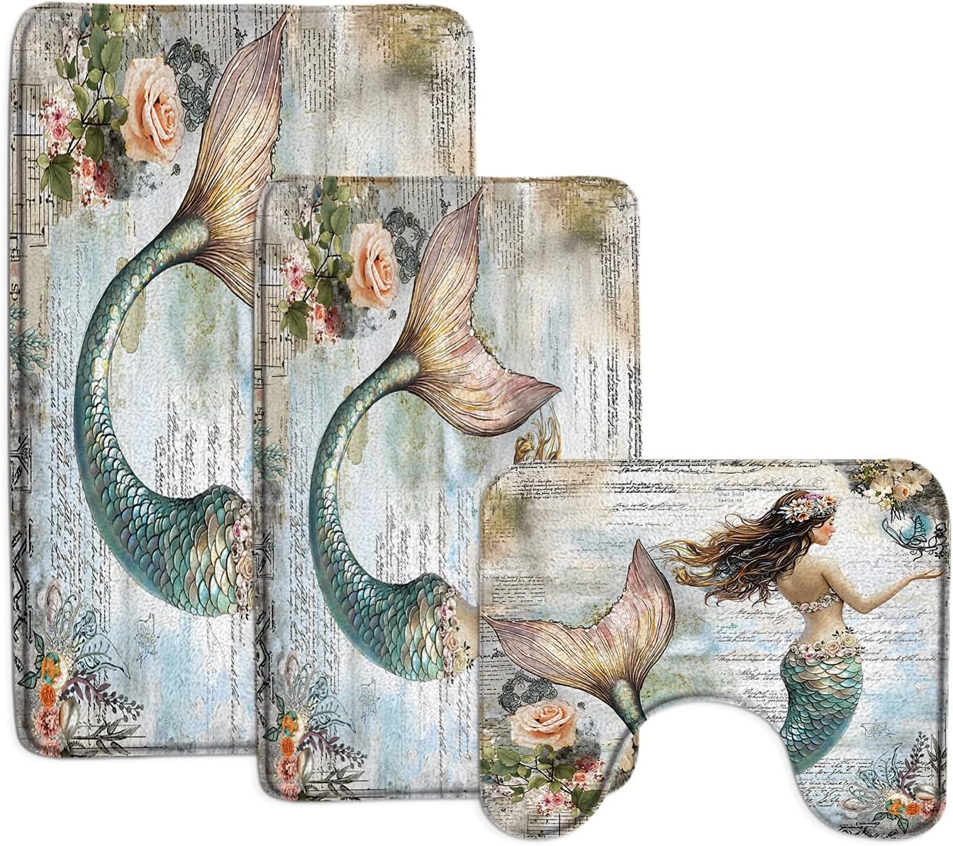 Mermaid 3 Piece Bathroom Mat Sets,Vintage Ocean Mermaid Floral Old Abstract Beige Blue Bath Toilet Rugs,16"x24"Bath Mat,Toilet Seat Cover, U-Shaped Toilet
