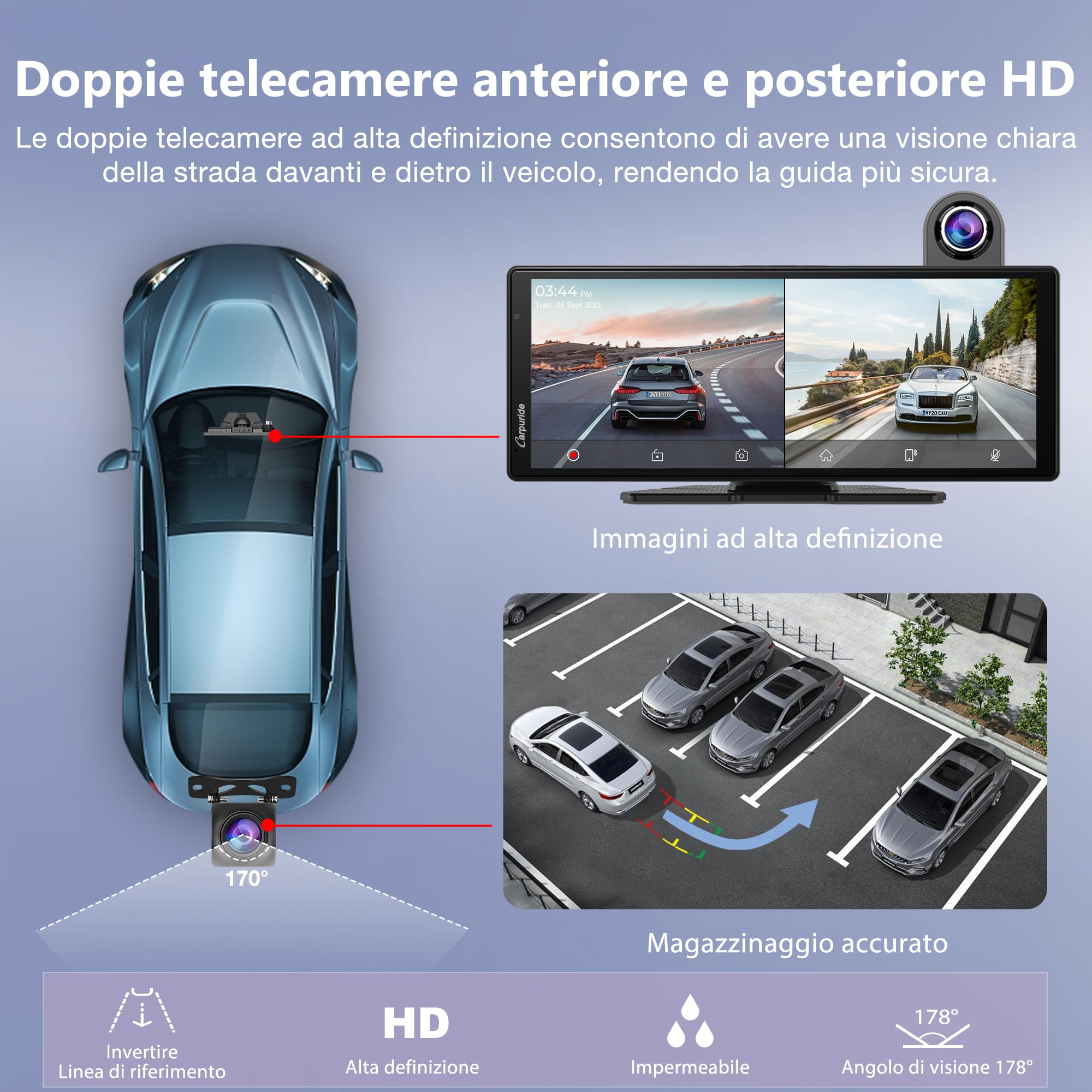 Carpuride Wireless Carplay e Android Auto con Dash Cam - Schermo touch HD da 10,26" per Auto, Telecamera Anteriore 4K e Posteriore 1080P, Registrazione in Loop, Audio Bluetooth, Mirror Link, Siri