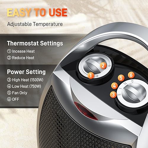 Miniatura 4 de Rintuf Small Space Heater, 1500W Electric Heater, PTC Fast Heating Ceramic Heater w 3 Modes, Adjustable Thermostat, OverheatTip-Over Protection,