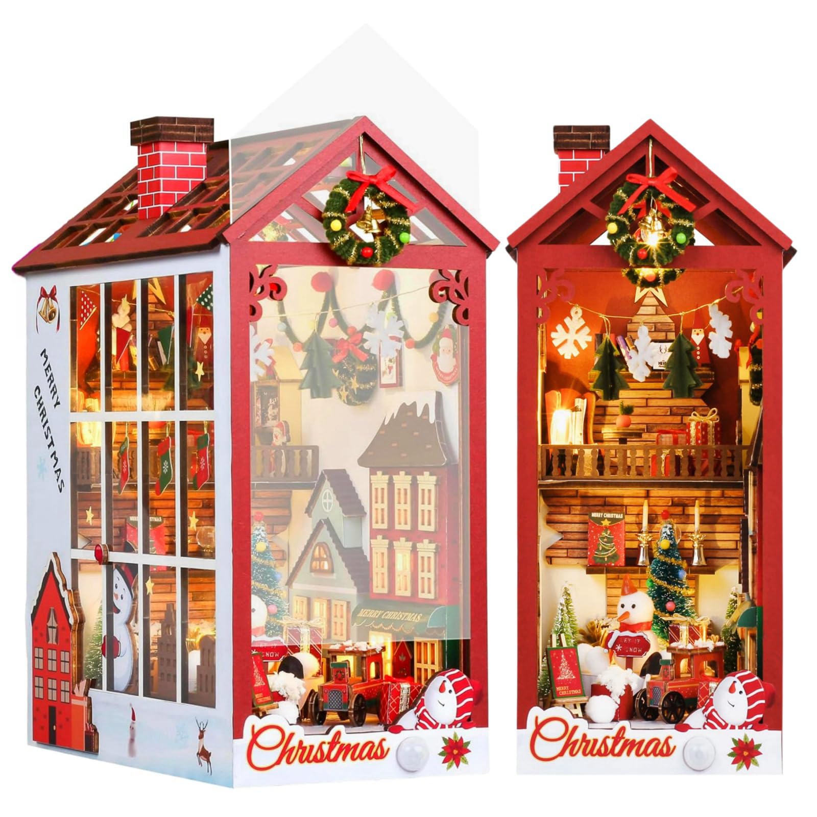 SXDMOUBK Book Nook Bookcase Inserts Miniature Scenes Dollhouse Kit, 3D Wooden Bookends Puzzle DIY Craft Christmas Decor Diorama Kits Gifts for Adults Teens, with Music and Inductive Lighting