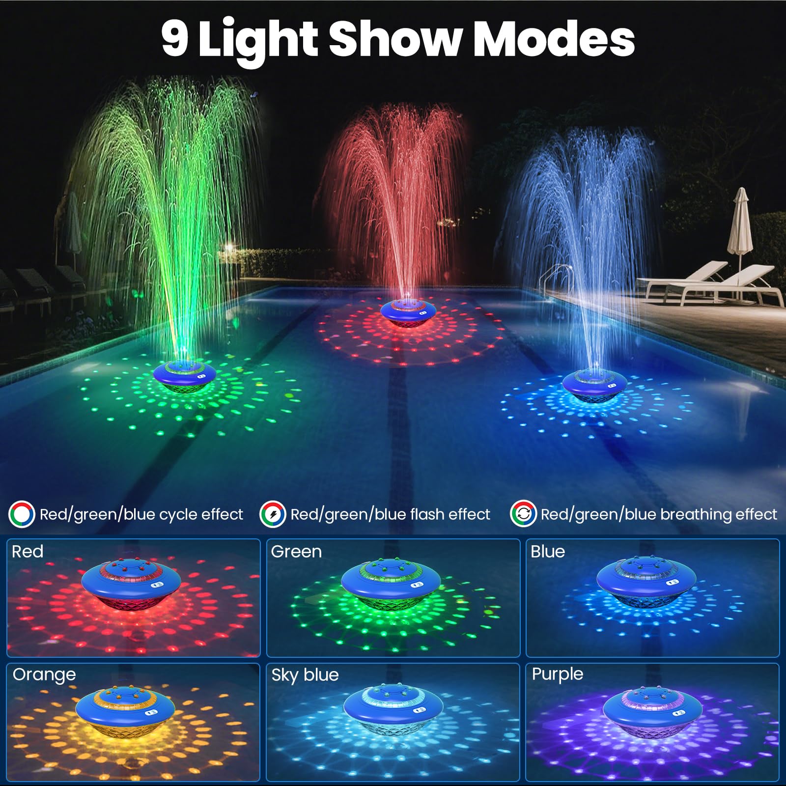 Fontaine de piscine flottante avec spectacle de lumières, 9 modes d'éclairage de piscine et 3 modes de fontaine avec télécommande pour piscine hors sol creusée, fontaines de piscine rechargeables