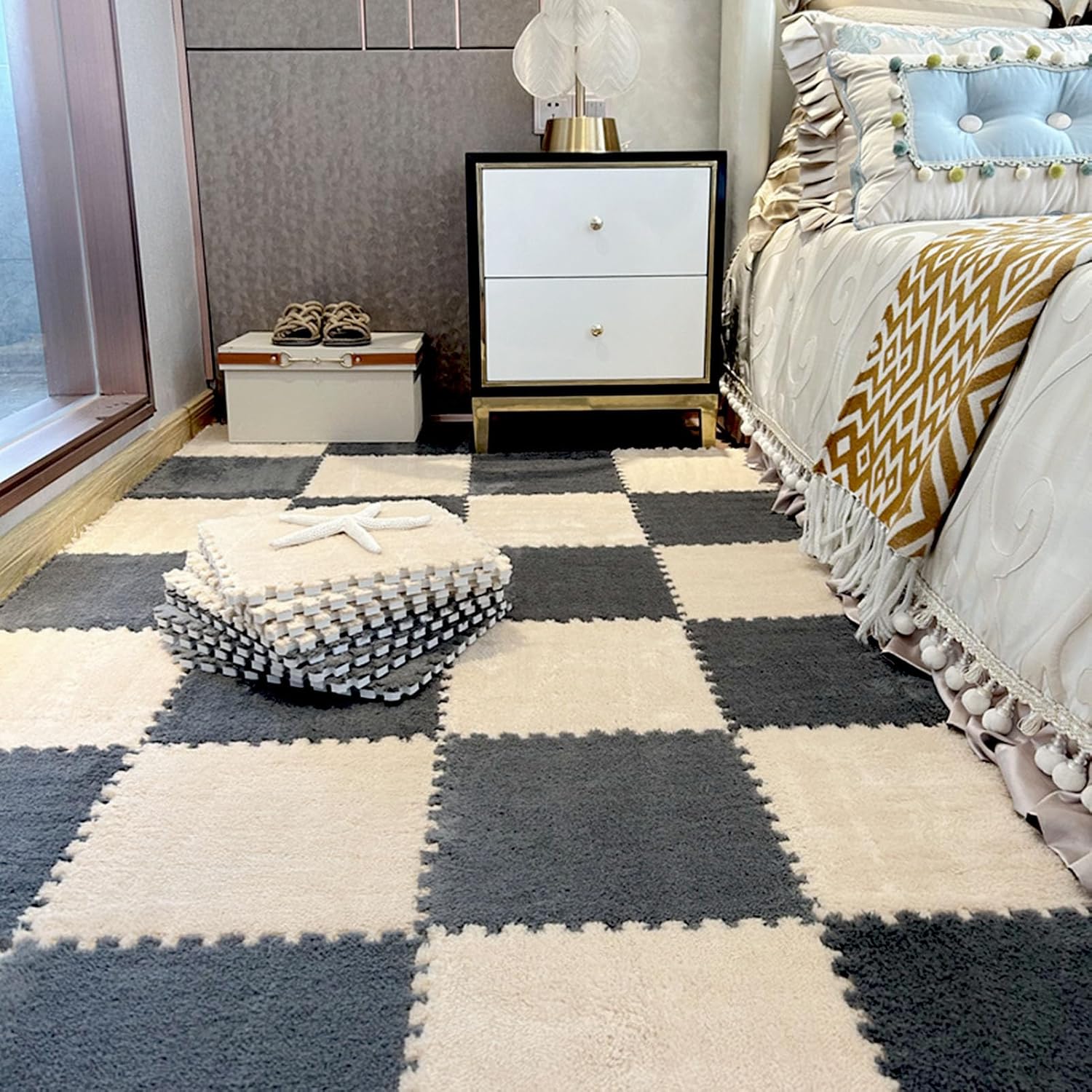 36 Pieces Fluffy Plush Foam Puzzle Mat, Soft Interlocking Floor Tiles, Playroom Rug, 11.8" Apricot & Gray Foam Mats, Non-Toxic, Comfortable Play Area Flooring