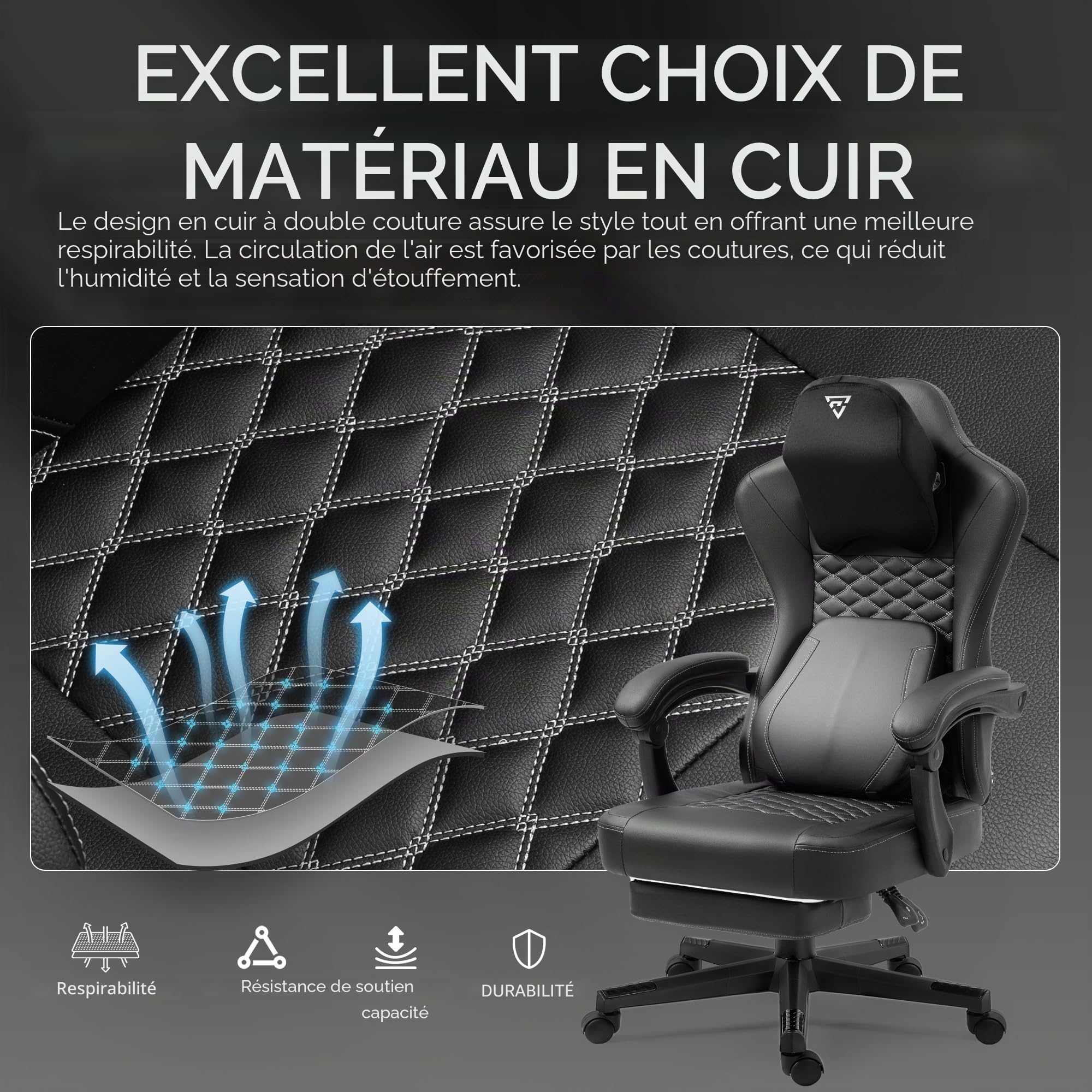 Vigosit Chaise de Gaming Ergonomique avec Soutien Lombaire Chauffant, Coussin à Ressorts ensachés et Repose-Pieds - Noir