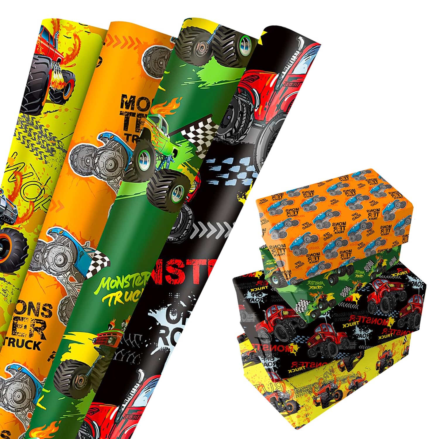 4Pcs Exquisite Monster Truck Wrapping Paper Four Truck Styles Birthday Gift Wrap Recyclable Paper for Boys & Girls Birthday Presents Racing Birthdays Decorations 68 x 50cm