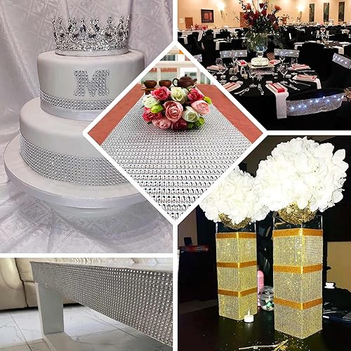 Miniatura 4 de Efavormart - Camino de mesa de 10 x 108 pulgadas con diamantes de imitación de cristal plateado brillante, rollo de cinta de malla de diamantes