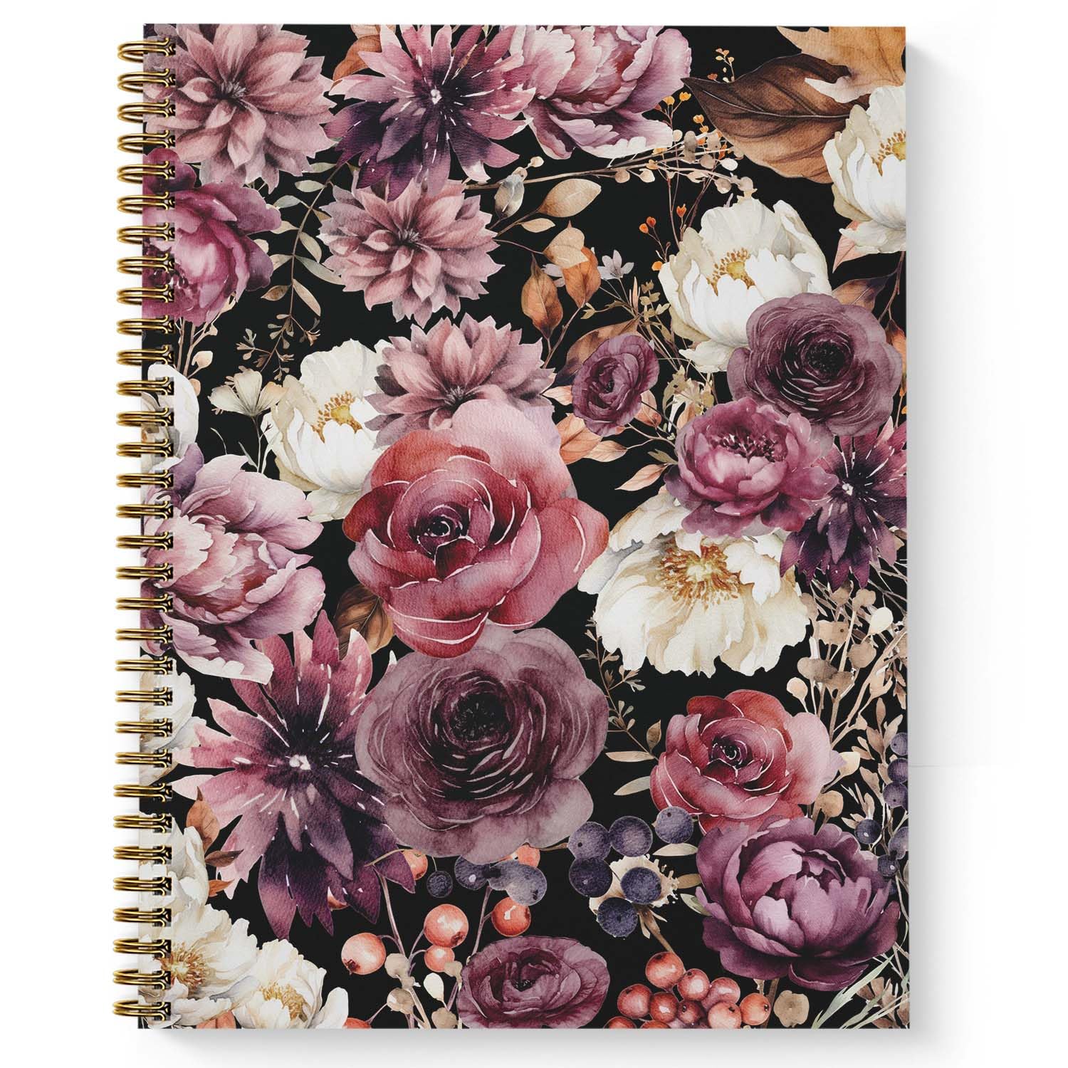 Moody Floral Spiral Notebook / 8.5" x 11" Journal / 120 College Ruled Pages/Durable Gloss Laminated Softcover/Gold Wire-o Spiral Binding/Made in The USA