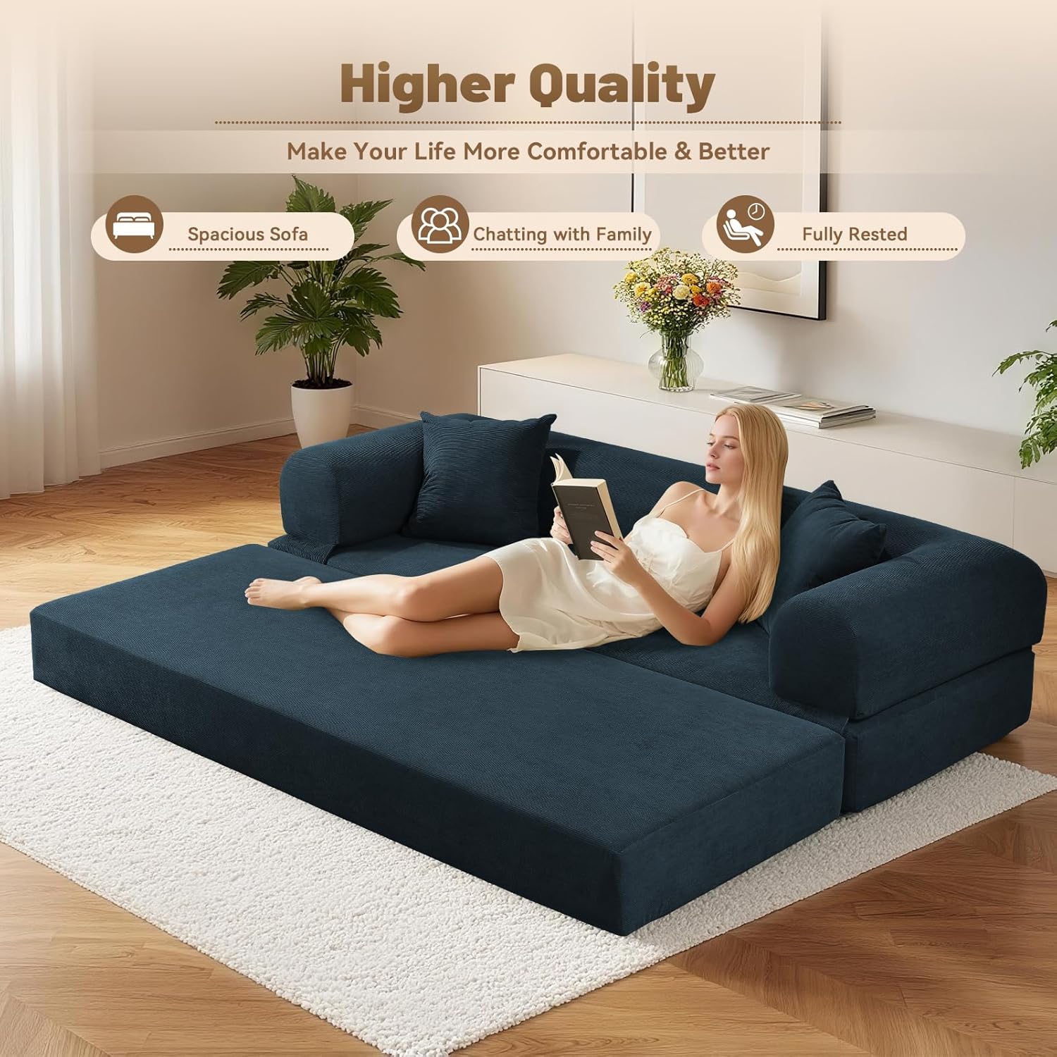 80 Inch Convertible Sofa Bed,Folding Pull Out Couch with Pillows & Storage Pocket,Corduroy Queen Sleeper Sofa in a Box,No Assembly Boneless Couch for Living Room,Navy Blue