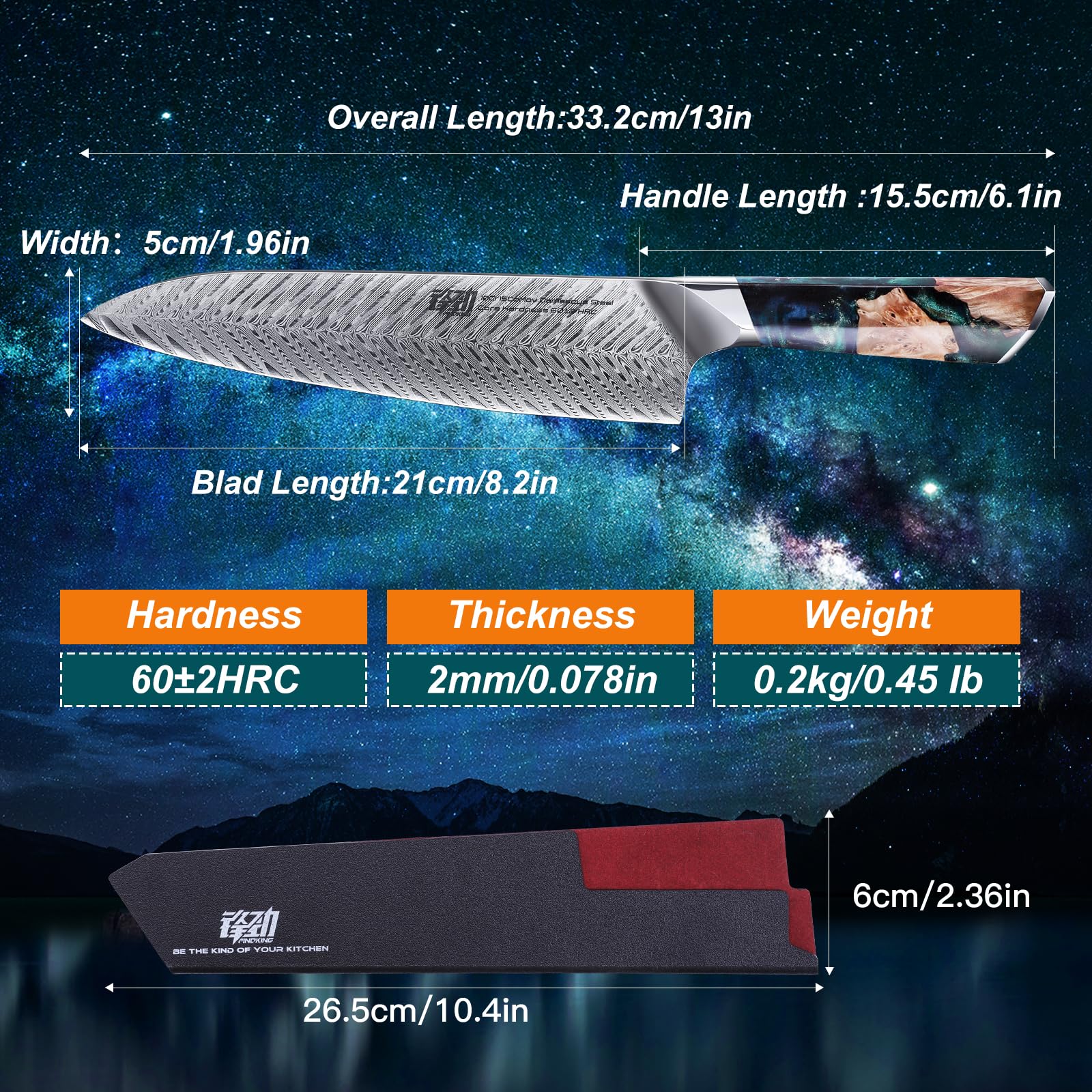 FINDKING Nebula Series Chef Knife with ABS Sheath, Multipurpose Japanese Gyuto Knife, 10Cr15CoMov Damascus Steel Blade, Resin and Figured Sycamore wood Handle, Full Tang, 8 Inch, Blue, for Meat — Amazon image 4