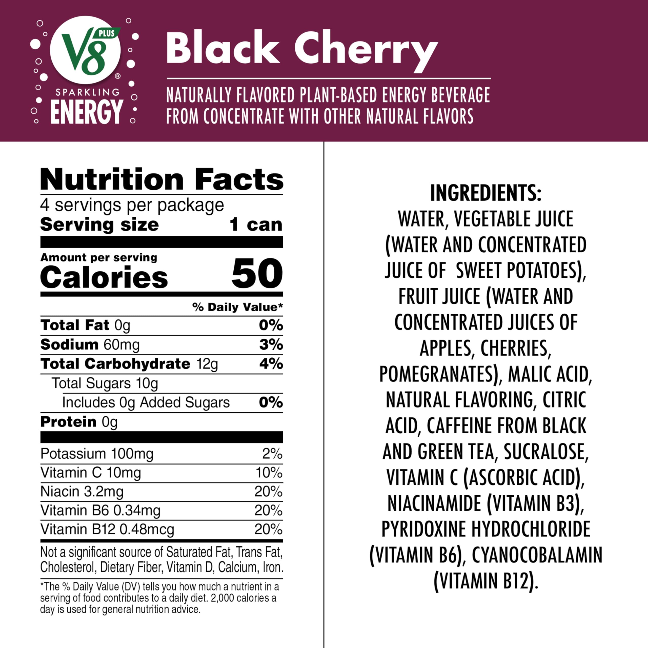 V8 +Energy Sparkling Black Cherry Juice Energy Drink, 11.5 fl oz Can (Pack of 8)