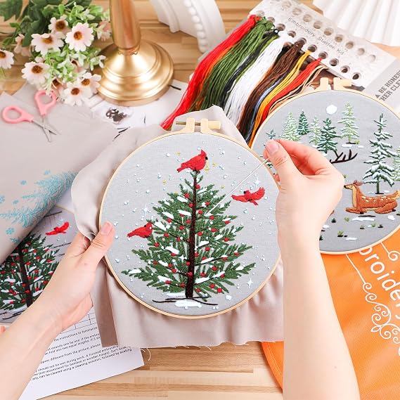 Tigeen 5 Sets Winter Embroidery Kit for Adults Cross Stitch Embroidery Kit for Winter Snow Scene Christmas Tree with Instructions Hoops Needles Colored Threads Needle