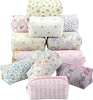 Qinyoung 12-Pack Quilted Floral Makeup Bags - Aesthetic Cotton Cosmetic Travel Pouches for Toiletry Organization
