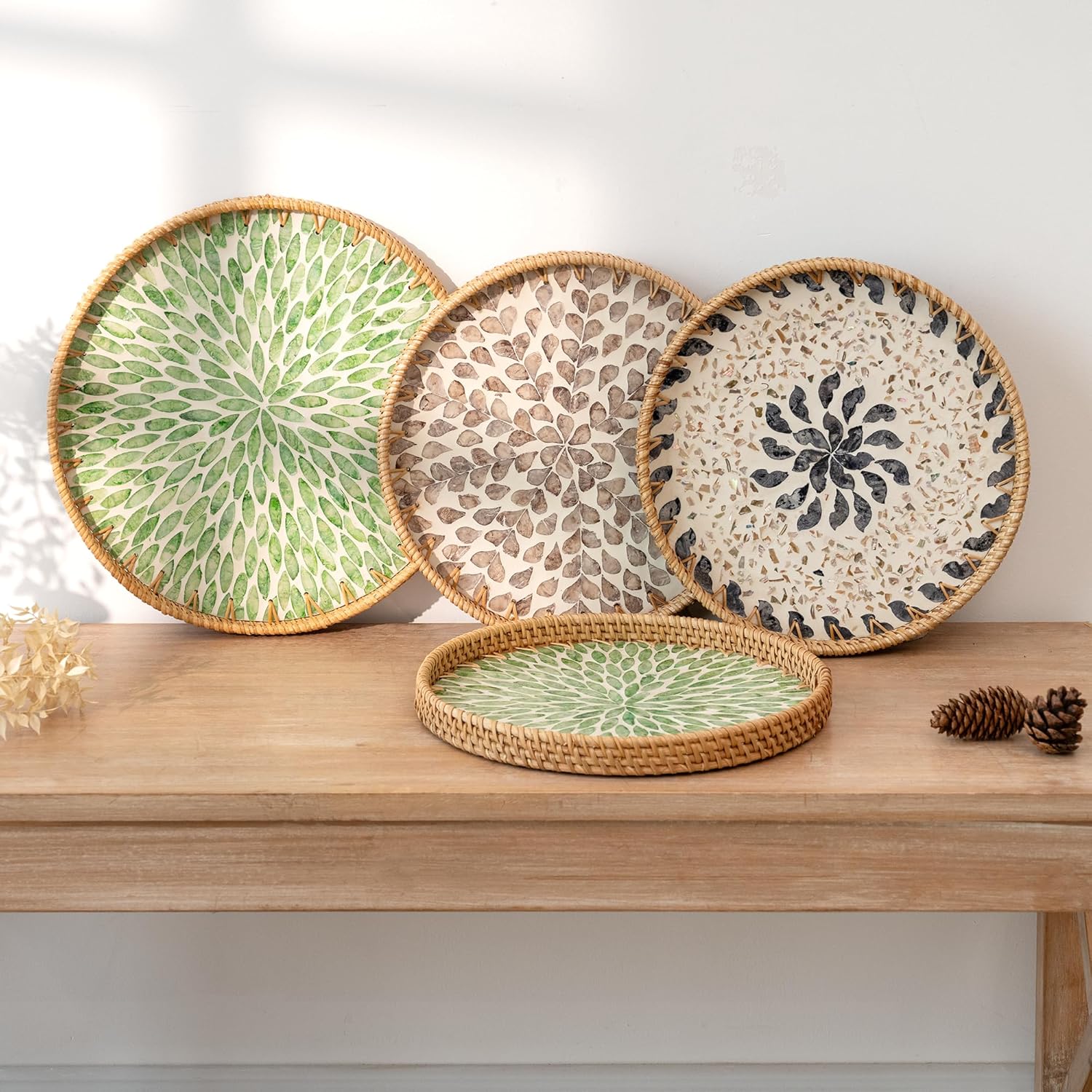 StorageWorks Decorative Coffee Table Trays for Home Decor, Round Rattan Tray with Mother of Pearl Inlay, Small Wicker Woven Serving Tray Decor for Kitchen Counter, Living Room and Ottoman, Yellow