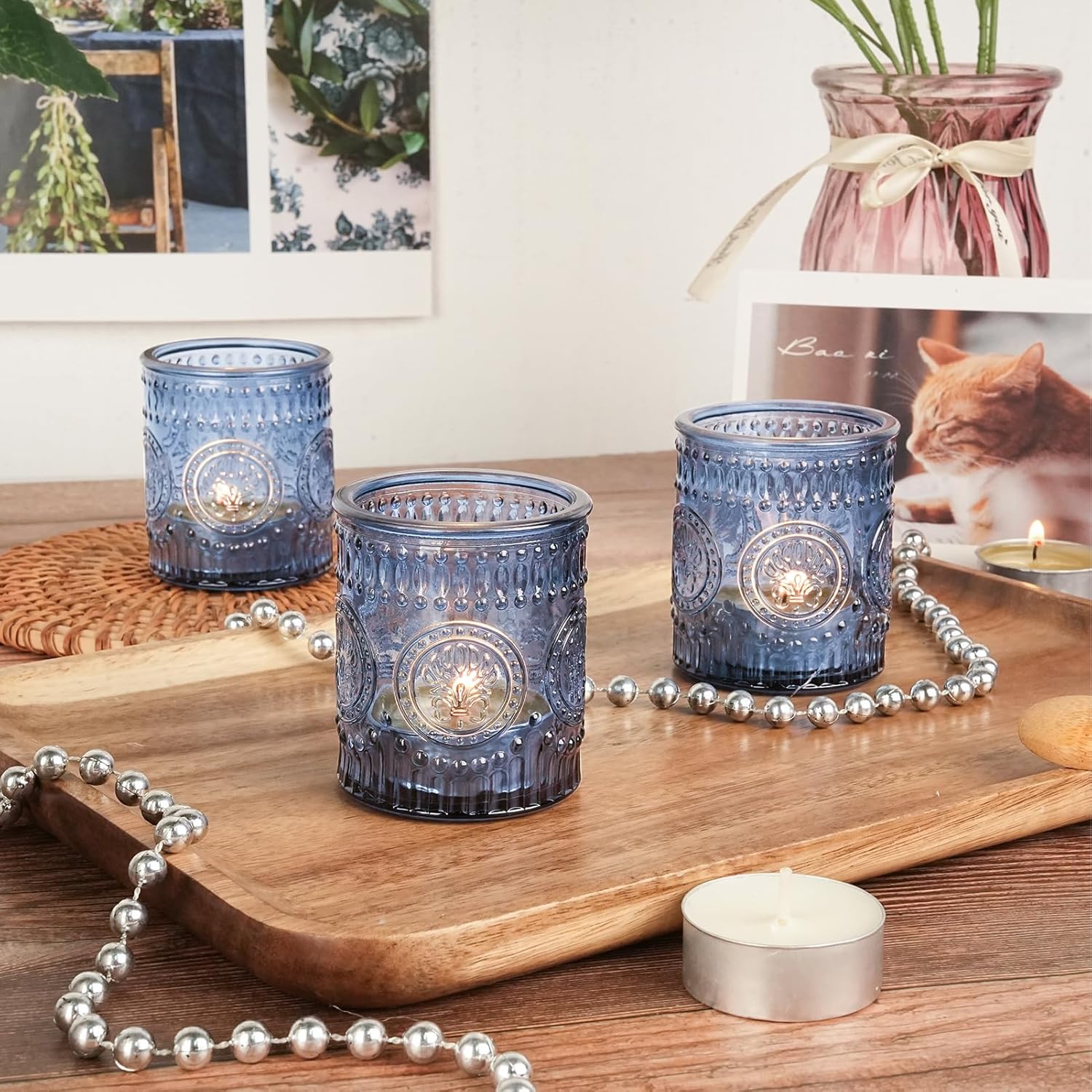 30pcs Blue Votive Candle Holders, 2x2.5inch Glass Tea Light Candle Holder Butterfly Pattern Votives for Wedding, Baby Shower, Party Decor