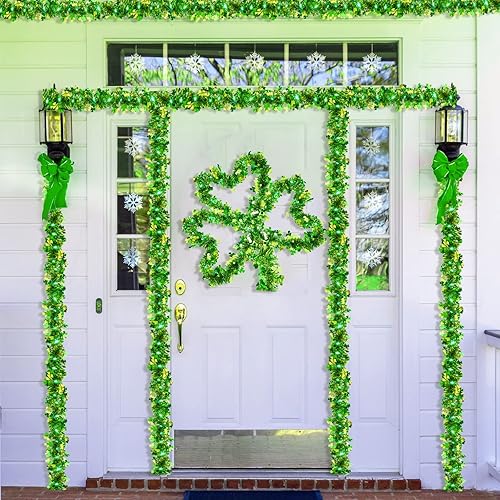 Miniatura 2 de Guirnalda de oropel del día de San Patricio de 656 pies guirnalda de oropel verde iluminada con trébol de la suerte guirnalda de oropel metálica con
