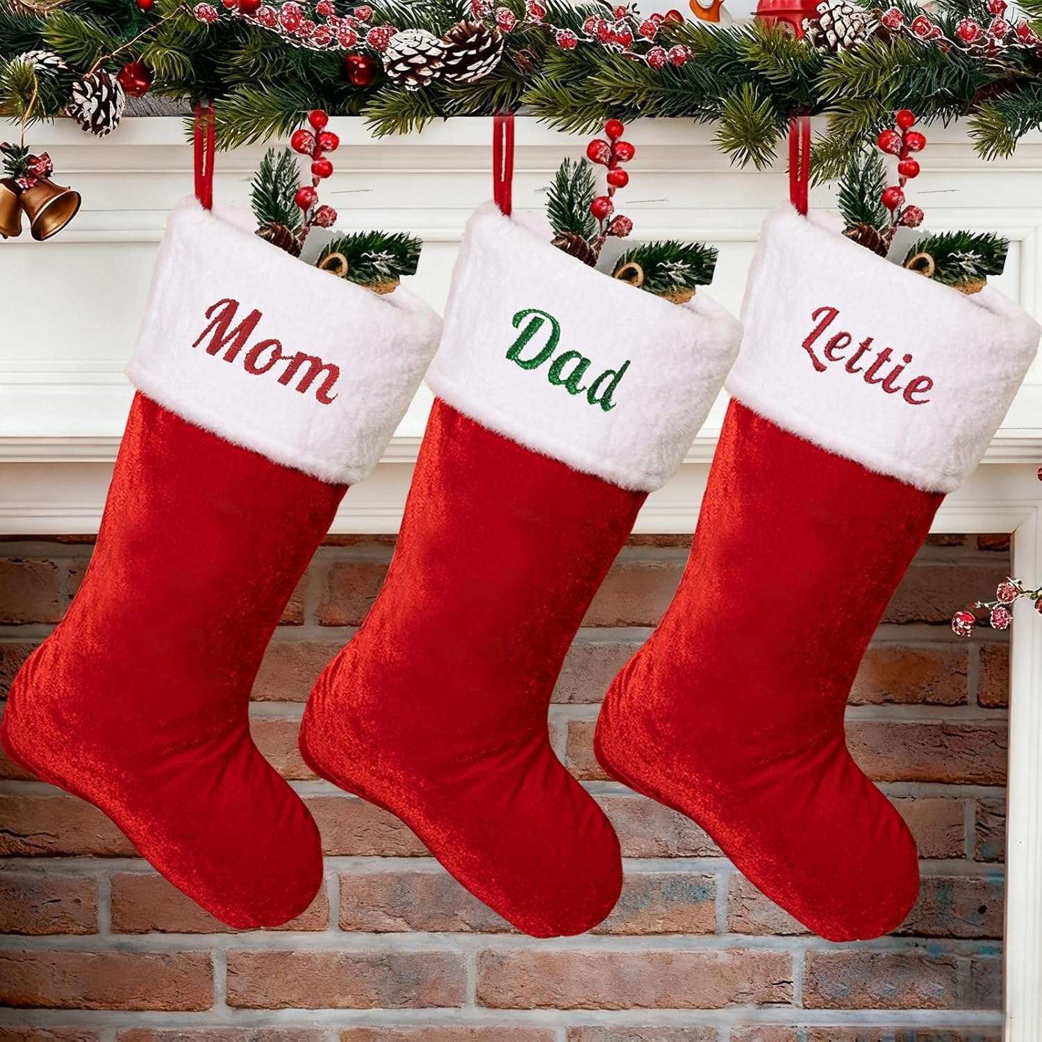 Set of 8 Customized Red Velvet Christmas Stockings with Names, 20" Large Personalized Family Stockings, Embroidered Red Velvet with White Soft Plush Cuff Xmas Stockings for Mom Dad Kids