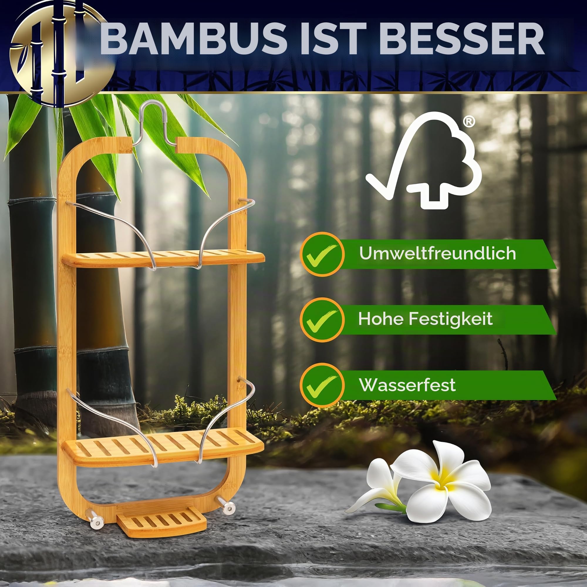 SereneLife Duschablage zum Hängen, Shampoo Halterung für Dusche aus Bambus, Duschregal ohne Boren, 3-stöckig Duschkorb zum Hängen, Hängeregal Bad mit 62.5cmH, Duschorganizer mit Lackierte Oberfläche