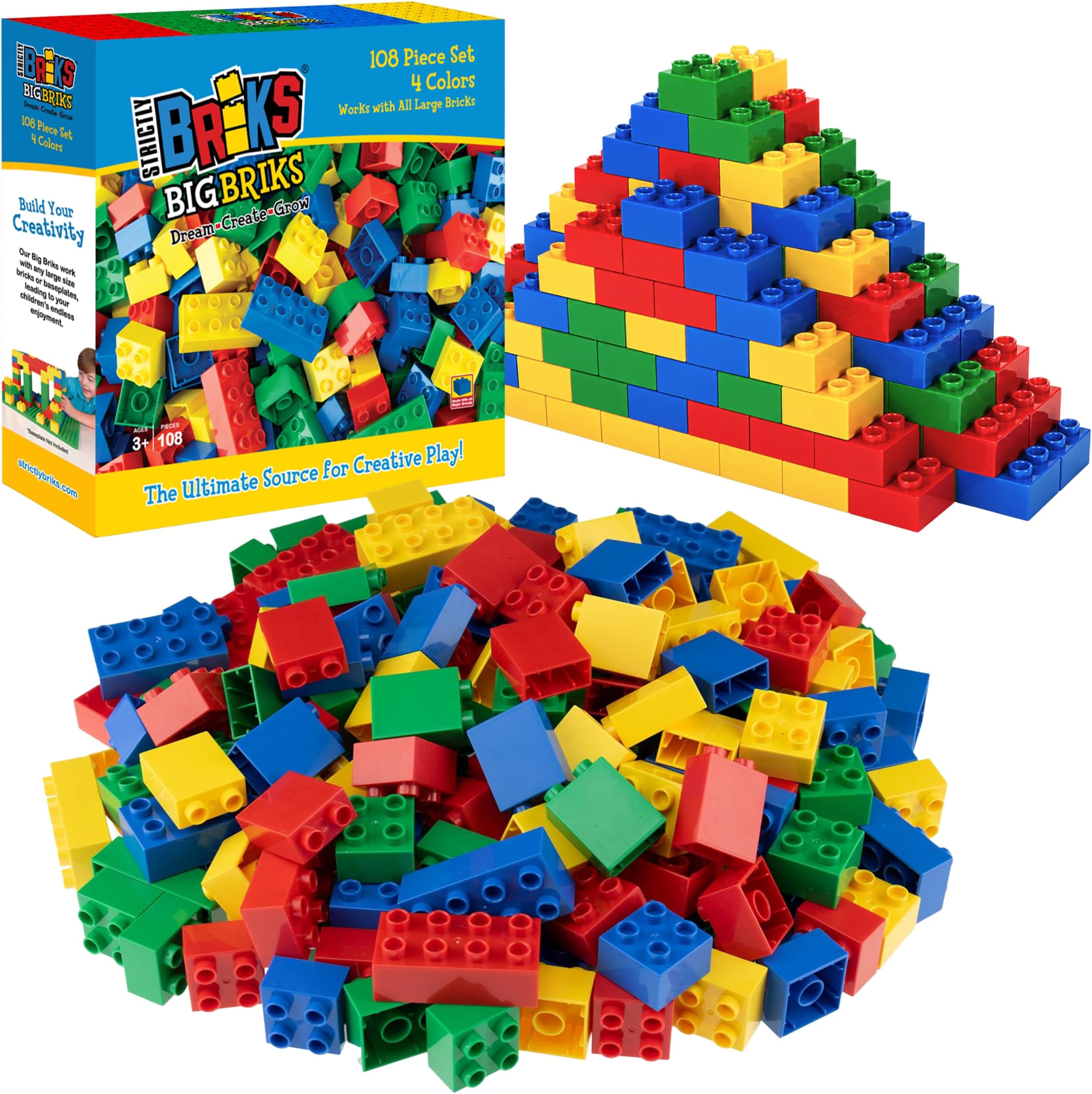 Strictly Briks Building Toy Big Blocks - Compatible with Lego Duplo Set for Toddlers & Kids Creative Play & Learning, 108 Set/Basic Colors