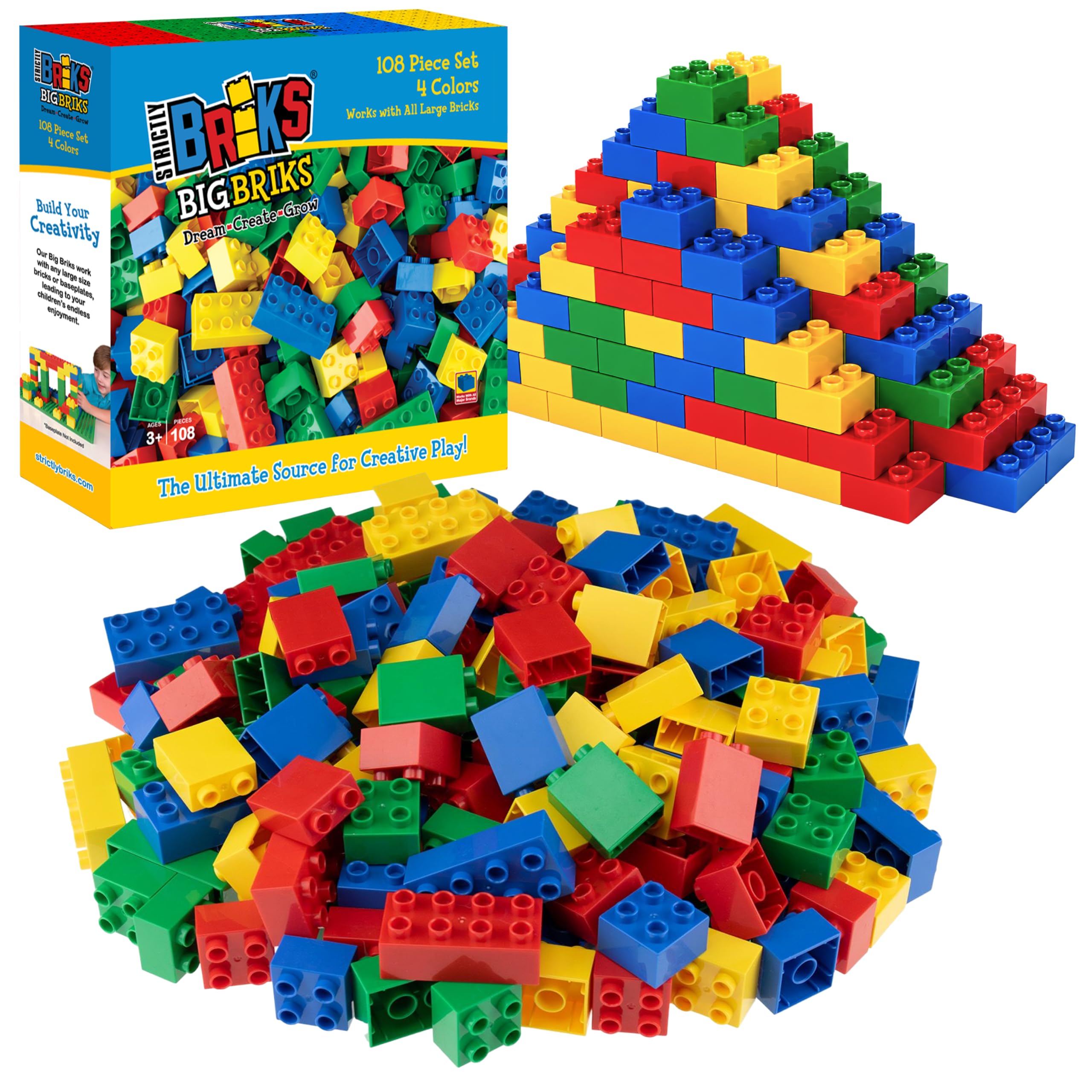 Building Toy Big Blocks - Compatible with Lego Duplo Set for Toddlers & Kids Creative Play & Learning, 108 Set/Basic Colors