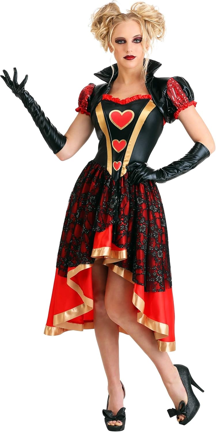 Women's Dark Queen of Hearts Halloween Costume Satin Dress with Lace Overlay Bolero Jacket Gloves
