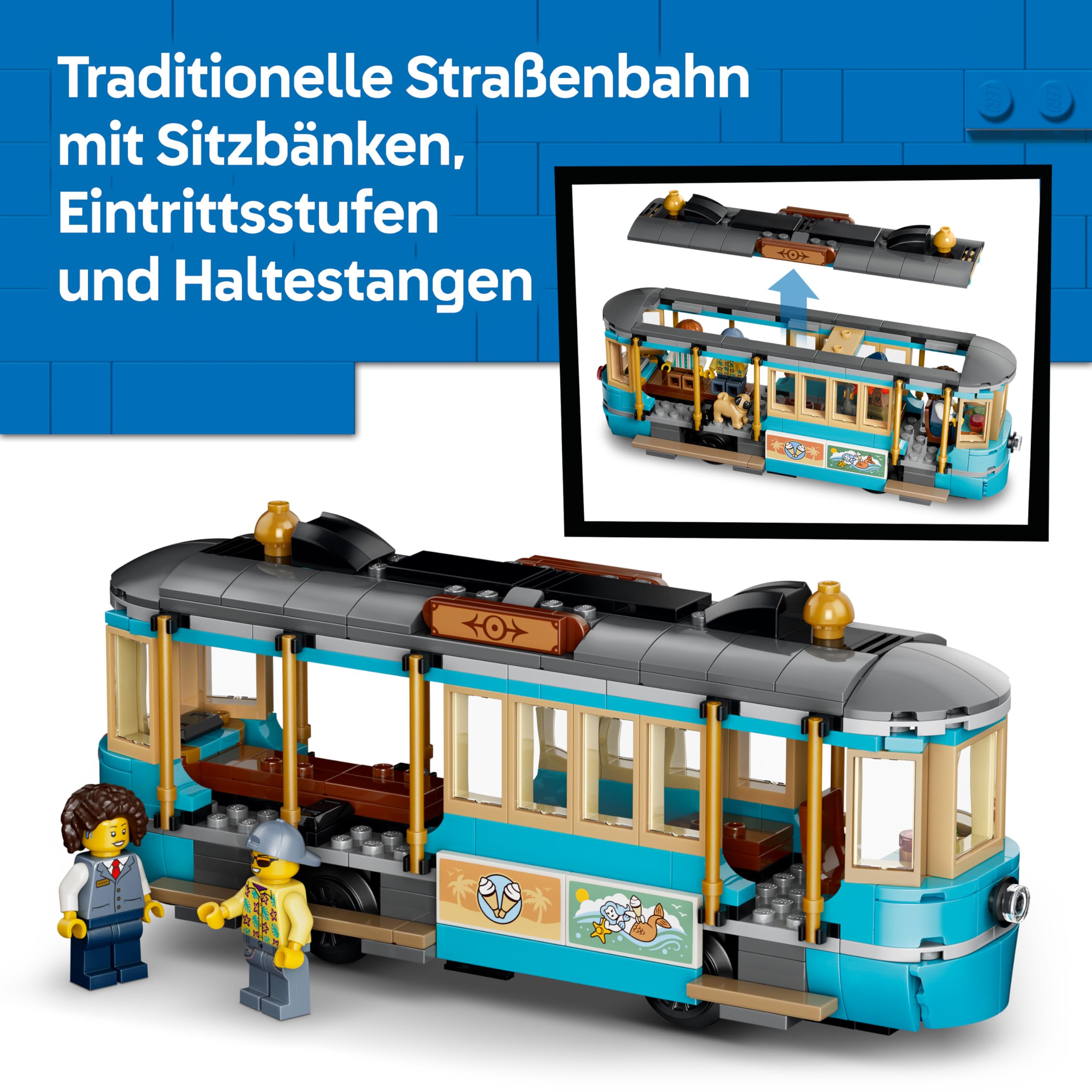 LEGO City Klassische Strandstraßenbahn Spielzeug - Modellbau mit Schienenstrecke, Straßenszene, 5 Minifiguren und 5 Tierfiguren - Geburtstagsgeschenk für Jungen ab 7 Jahren - 60506