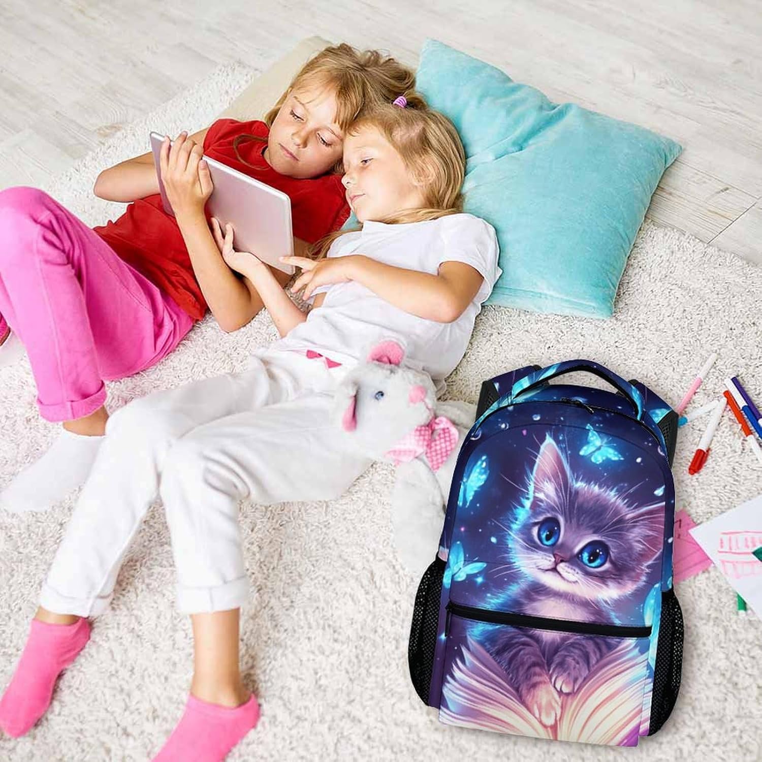 School Backpack for Girls, Cat Backpacks for Kids Kindergarten Preschool, 17 Inch Lightweight Cute Cat Bookbag for Travel Hiking Back to School
