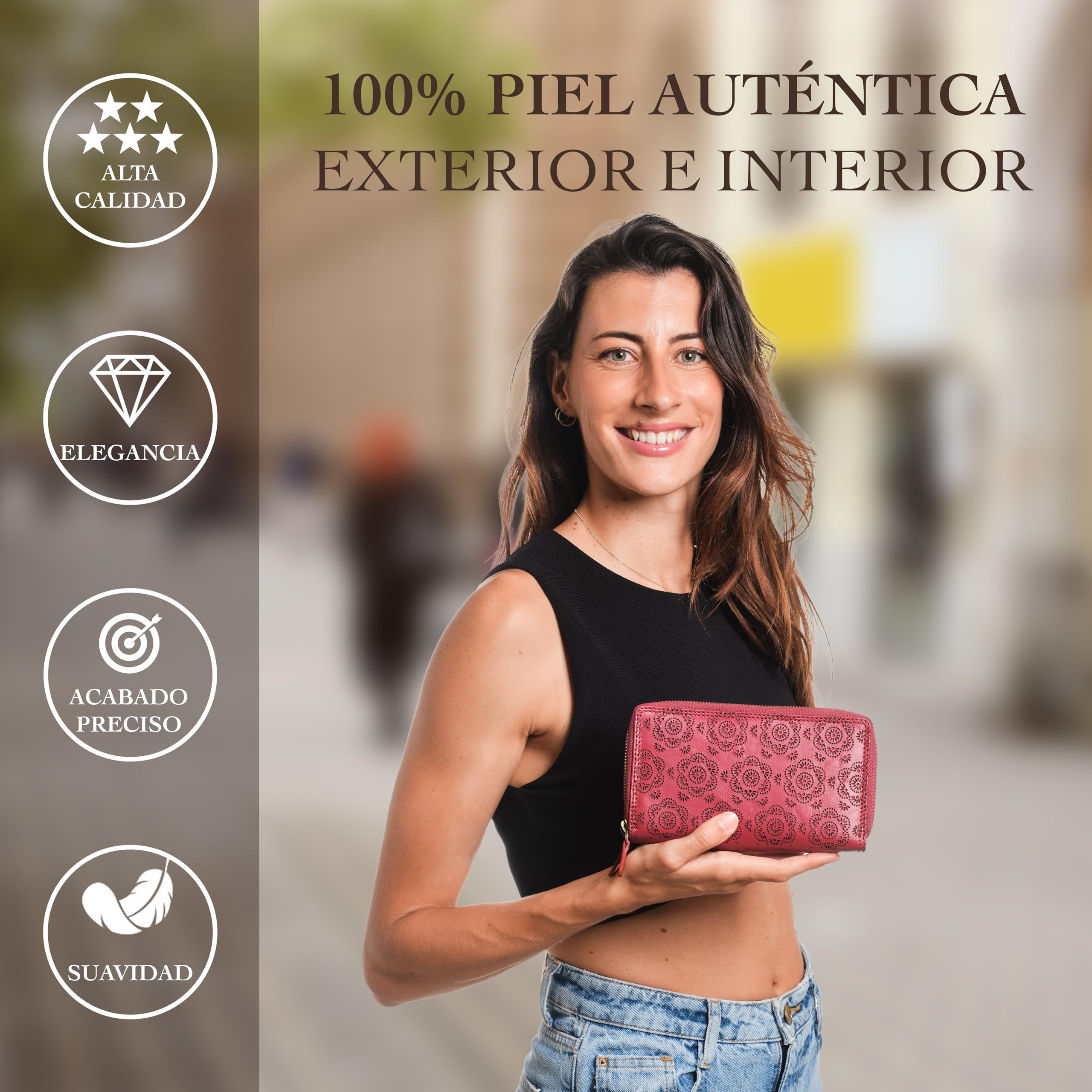 Carteras de piel de para mujer, gran espacio, cartera grande de piel con protección RFID, elegante billetera para mujer, regalo de flor roja